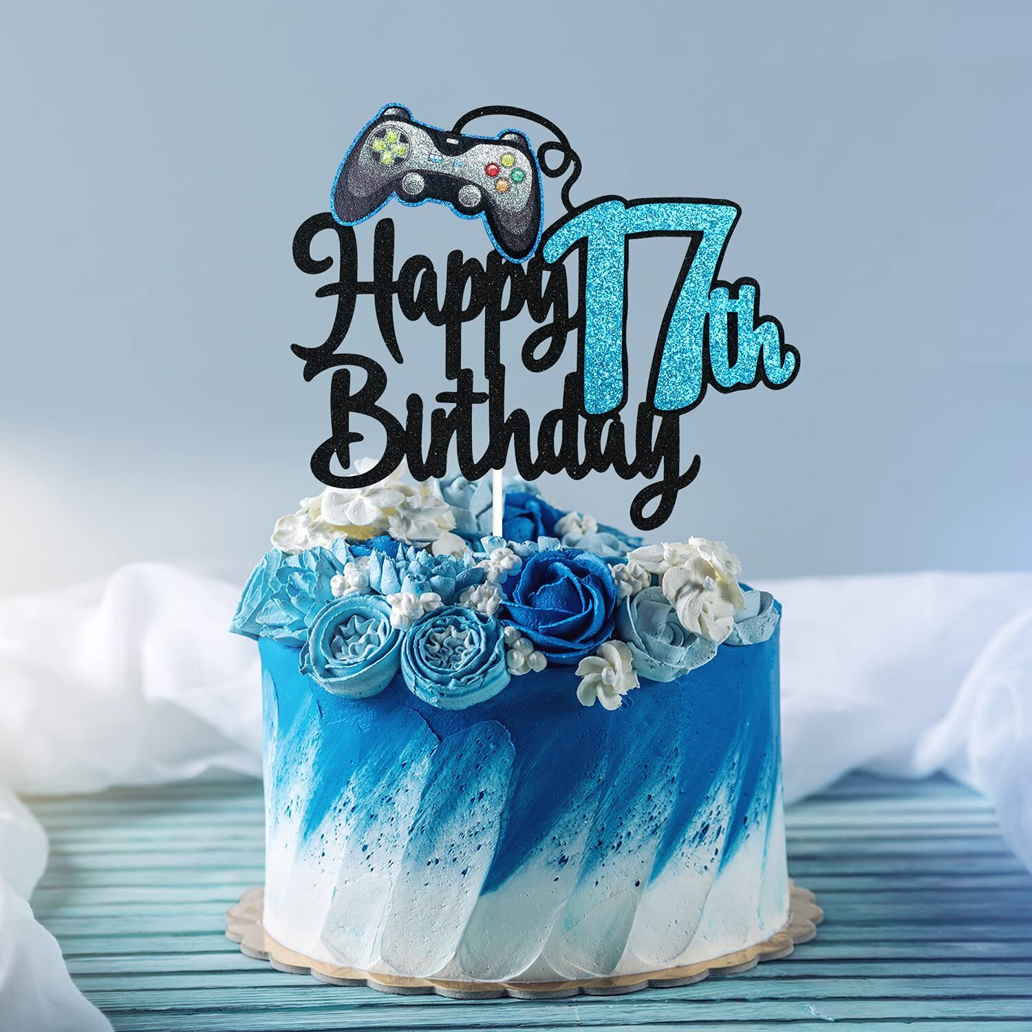 Video Game Happy 17Th Birthday Cake Topper - Video Game Boy's 17Th Birthday Party Blue Cake Supplies - Game On Level Up Winner Party Decoration
