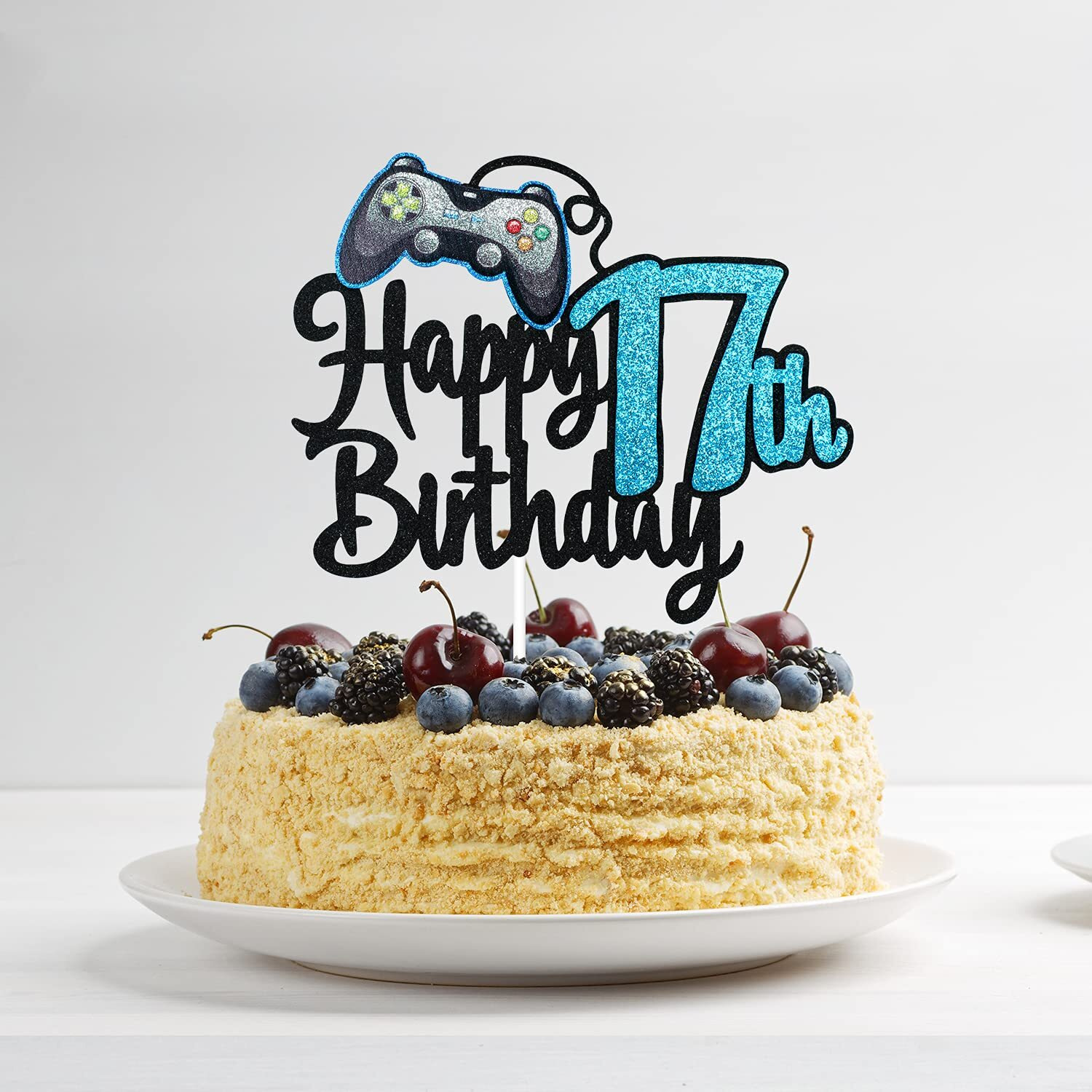 Video Game Happy 17Th Birthday Cake Topper - Video Game Boy's 17Th Birthday Party Blue Cake Supplies - Game On Level Up Winner Party Decoration