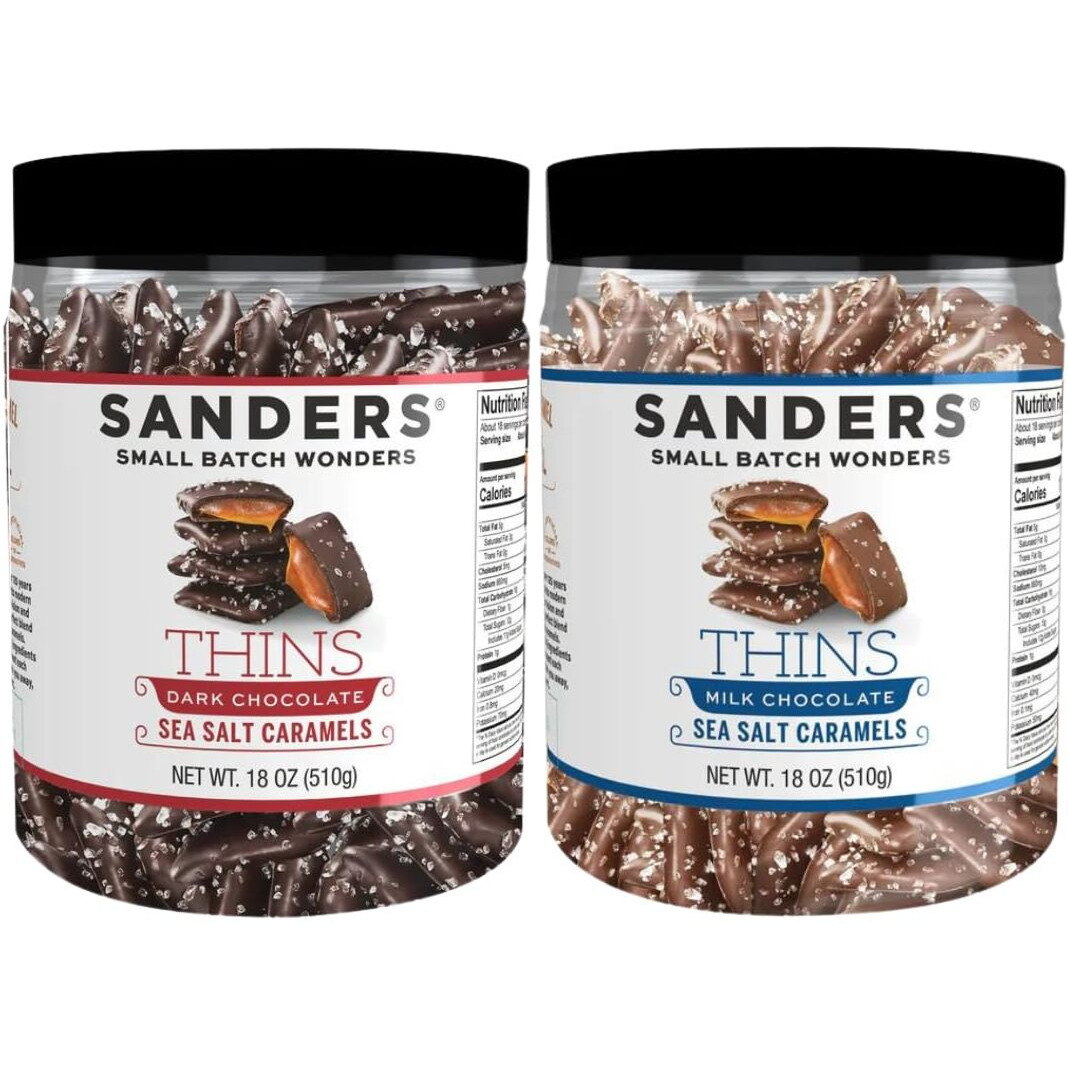Sanders Thins, Sea Salt Caramels, Milk Chocolate & Dark Chocolate Variety, 18 Oz Tubs (Pack Of 2)
