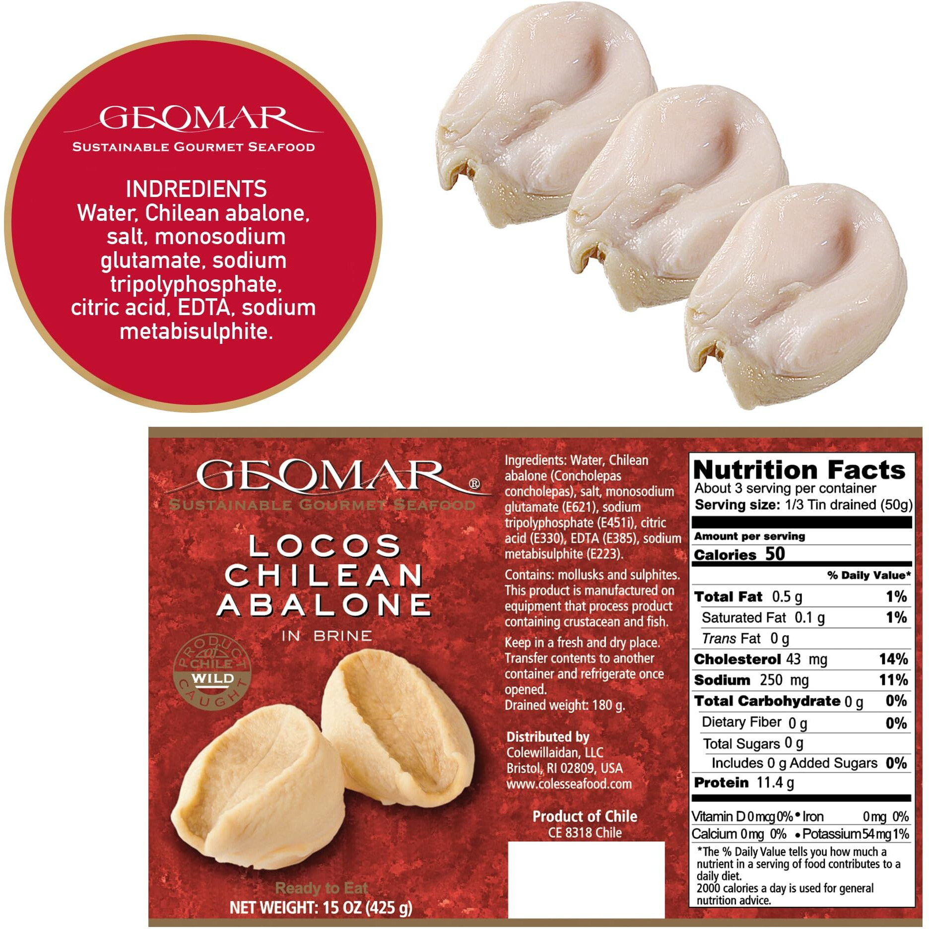 Geomar Locos (Chilean Abalone) In Brine - Hand Caught By Divers - Nutritious Seafood Delicacy - High In Protein And Ready-To-Eat - 3 Pieces Per Can (15 Oz) 12 Pack