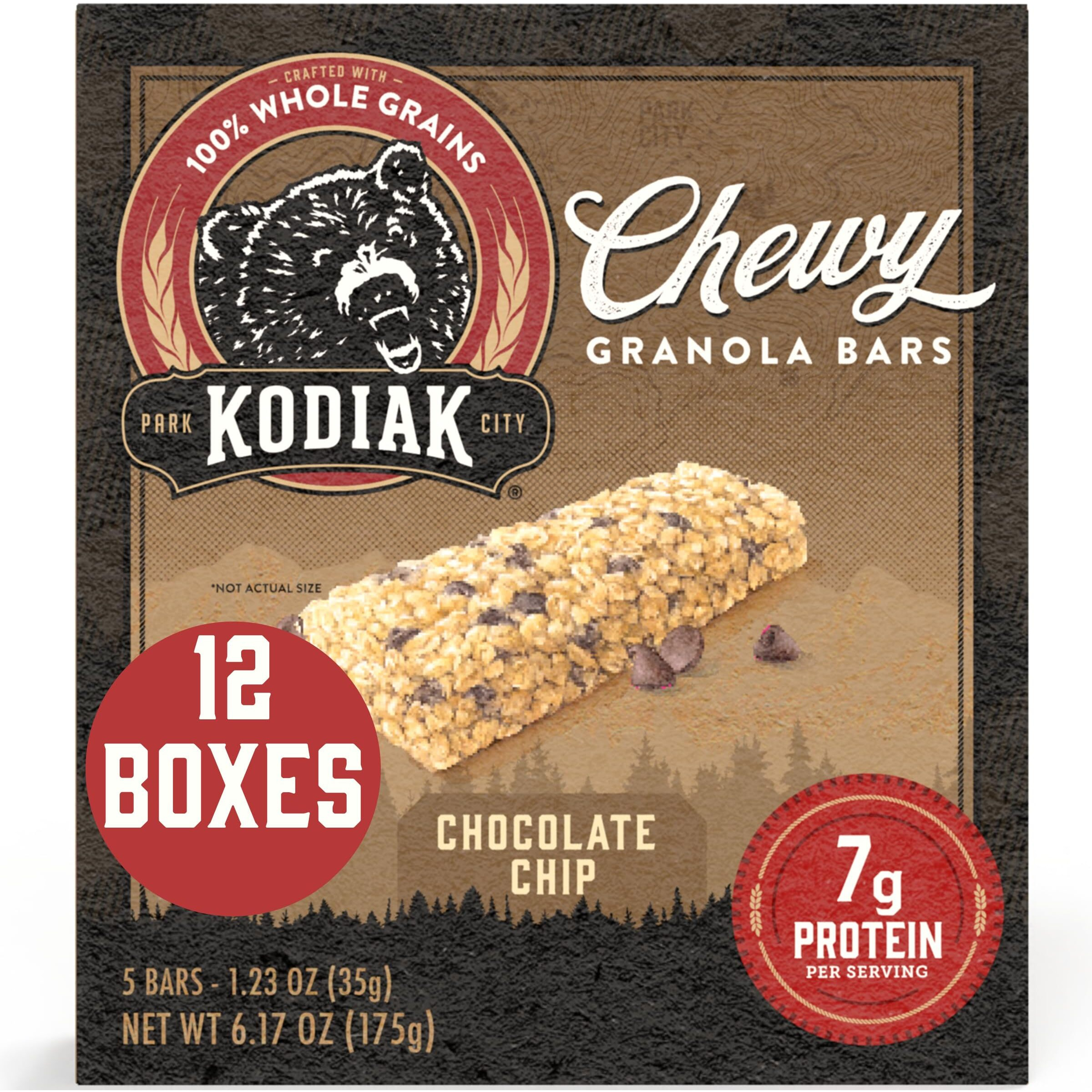 Kodiak Cakes Chewy Granola Snack Bars, Chocolate Chip, High Protein, 100% Whole Grains, 12 Boxes With 5 Bars Each (60 Bars Total)