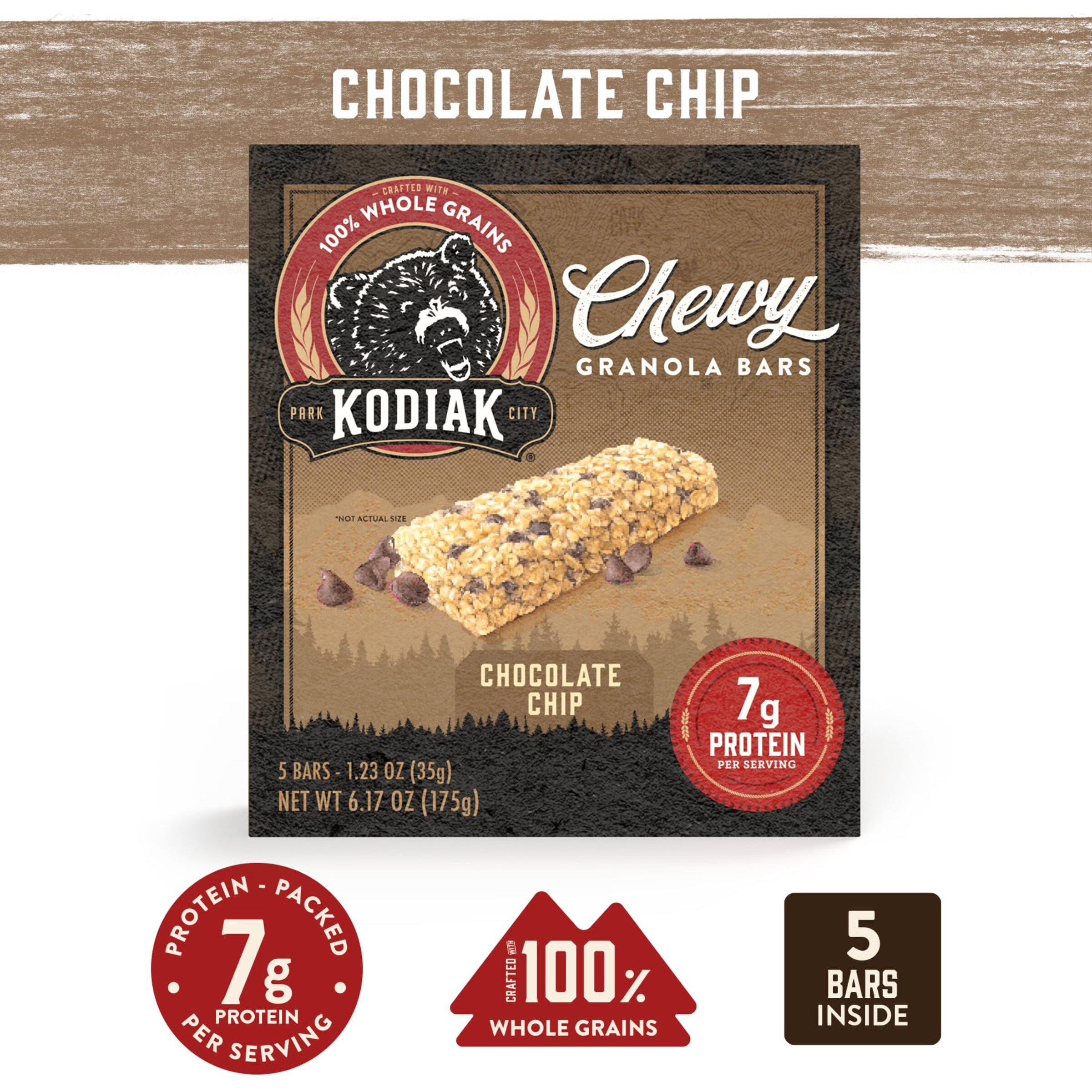 Kodiak Cakes Chewy Granola Snack Bars, Chocolate Chip, High Protein, 100% Whole Grains, 12 Boxes With 5 Bars Each (60 Bars Total)