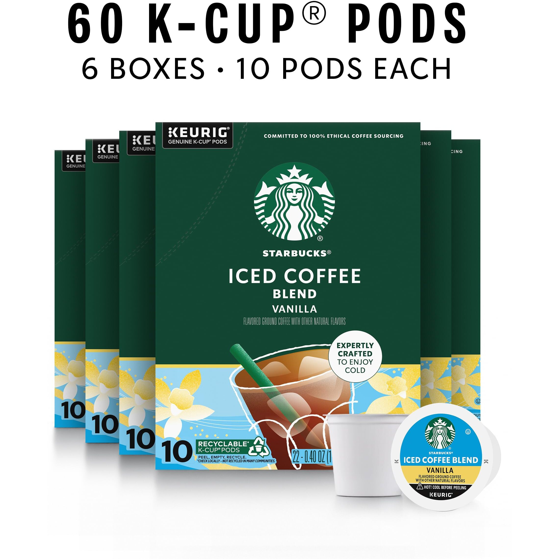 Starbucks K-Cup Coffee Pods, Iced Coffee Blend, Vanilla Naturally Flavored Coffee For Keurig Coffee Makers, 100% Arabica, 6 Boxes (60 Pods Total)