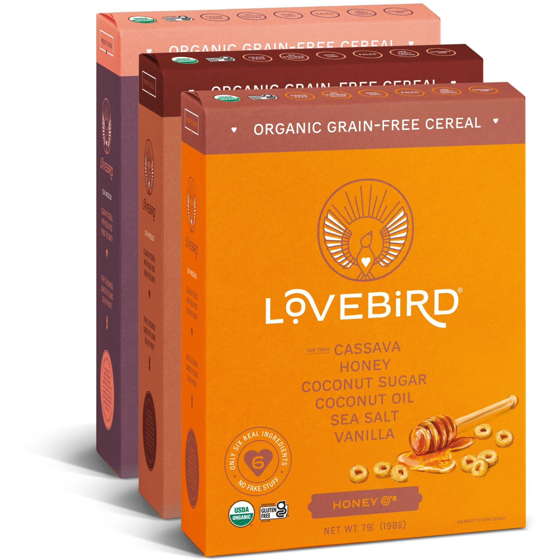 Lovebird Gluten Free Cereal Variety 3 Pack - Organic Grain Free Cereals Paleo Aip Dairy Free Keto Friendly No Refined Sugar Healthy Snacks For Kids, Adults - Cacao, Honey, Cinnamon