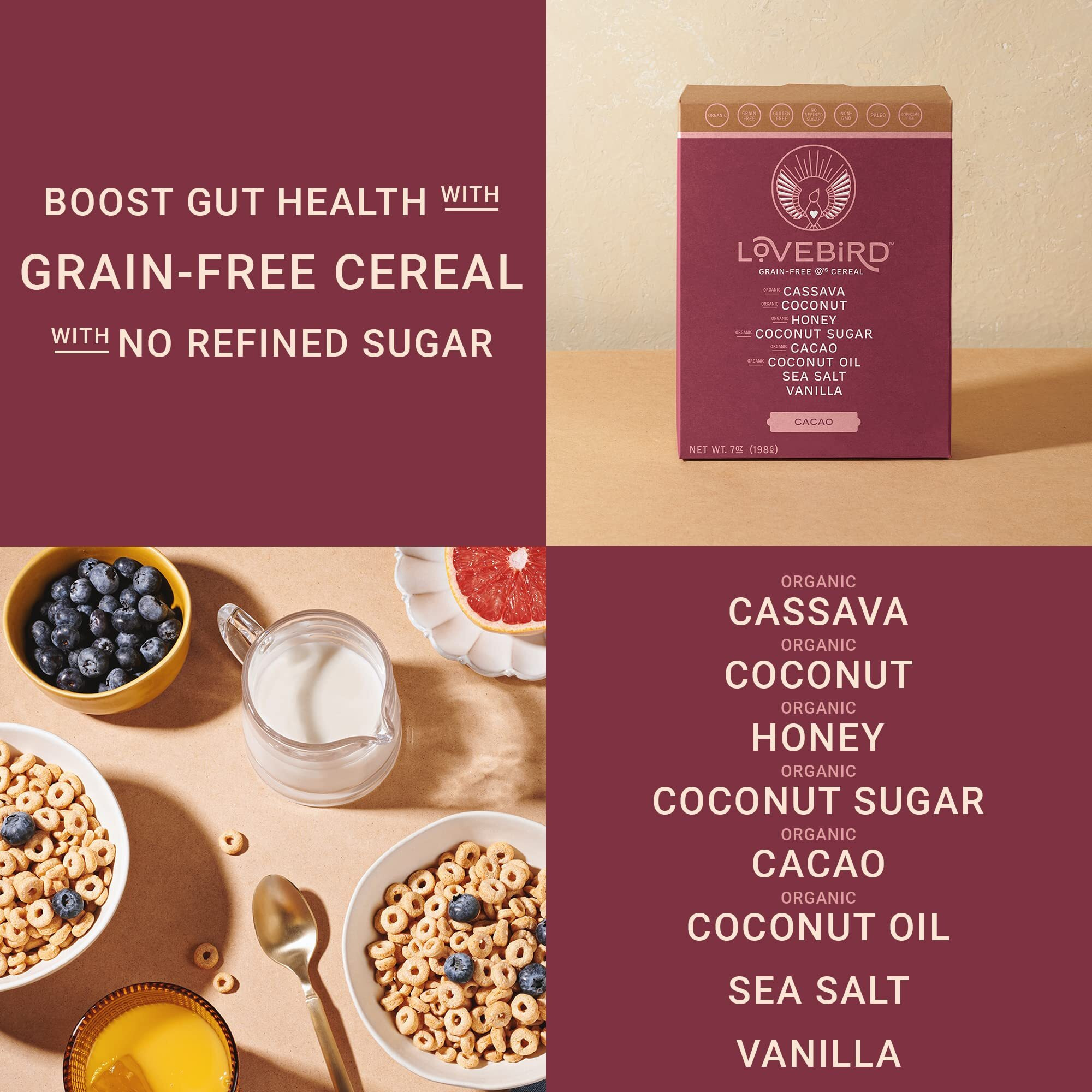 Lovebird Gluten Free Cereal Variety 3 Pack - Organic Grain Free Cereals Paleo Aip Dairy Free Keto Friendly No Refined Sugar Healthy Snacks For Kids, Adults - Cacao, Honey, Cinnamon