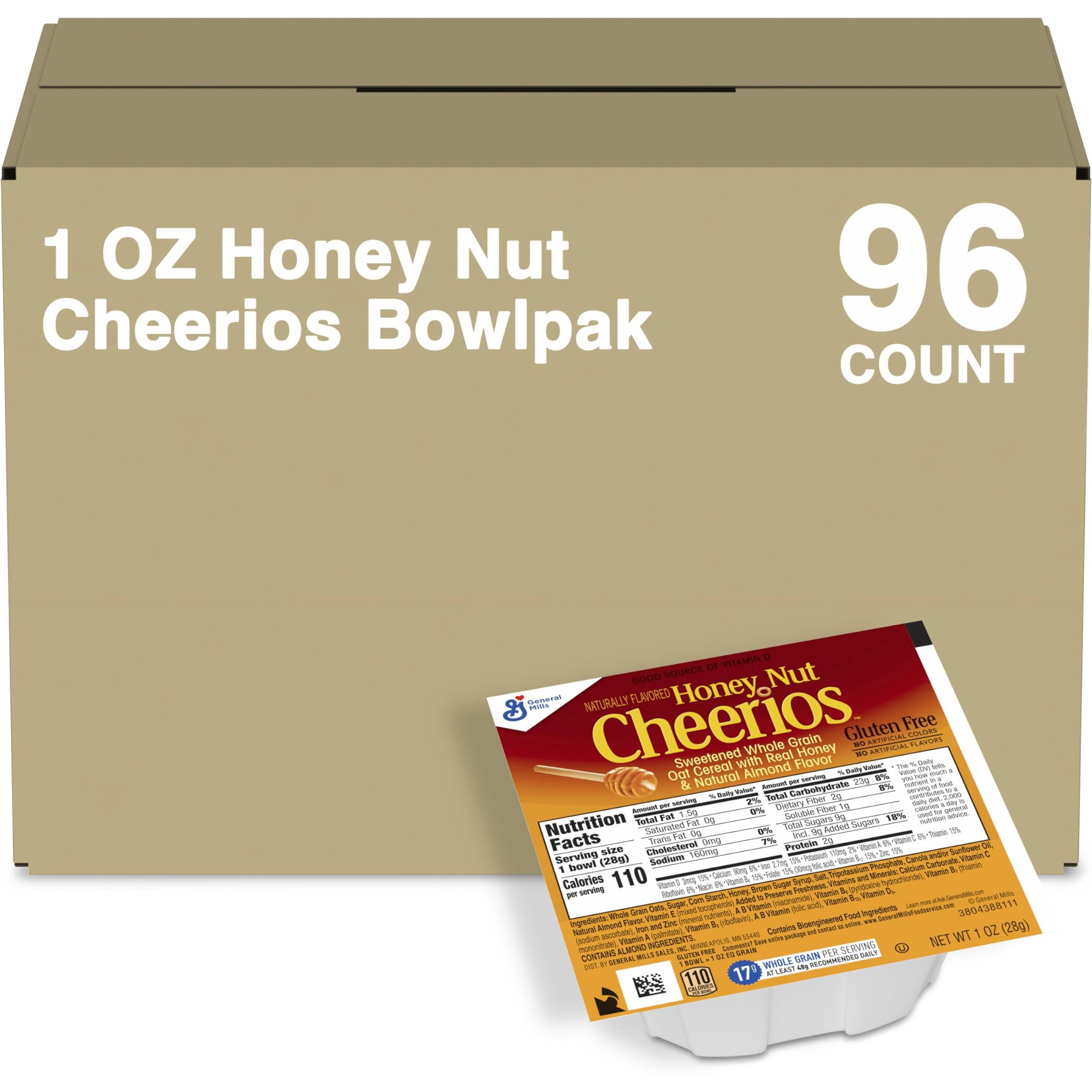 Honey Nut Cheerios Cereal Single Serve Bowl, Heart Healthy Breakfast Cereal, Gluten Free Cereal With Whole Grain Oats, 1 Oz, 96 Count