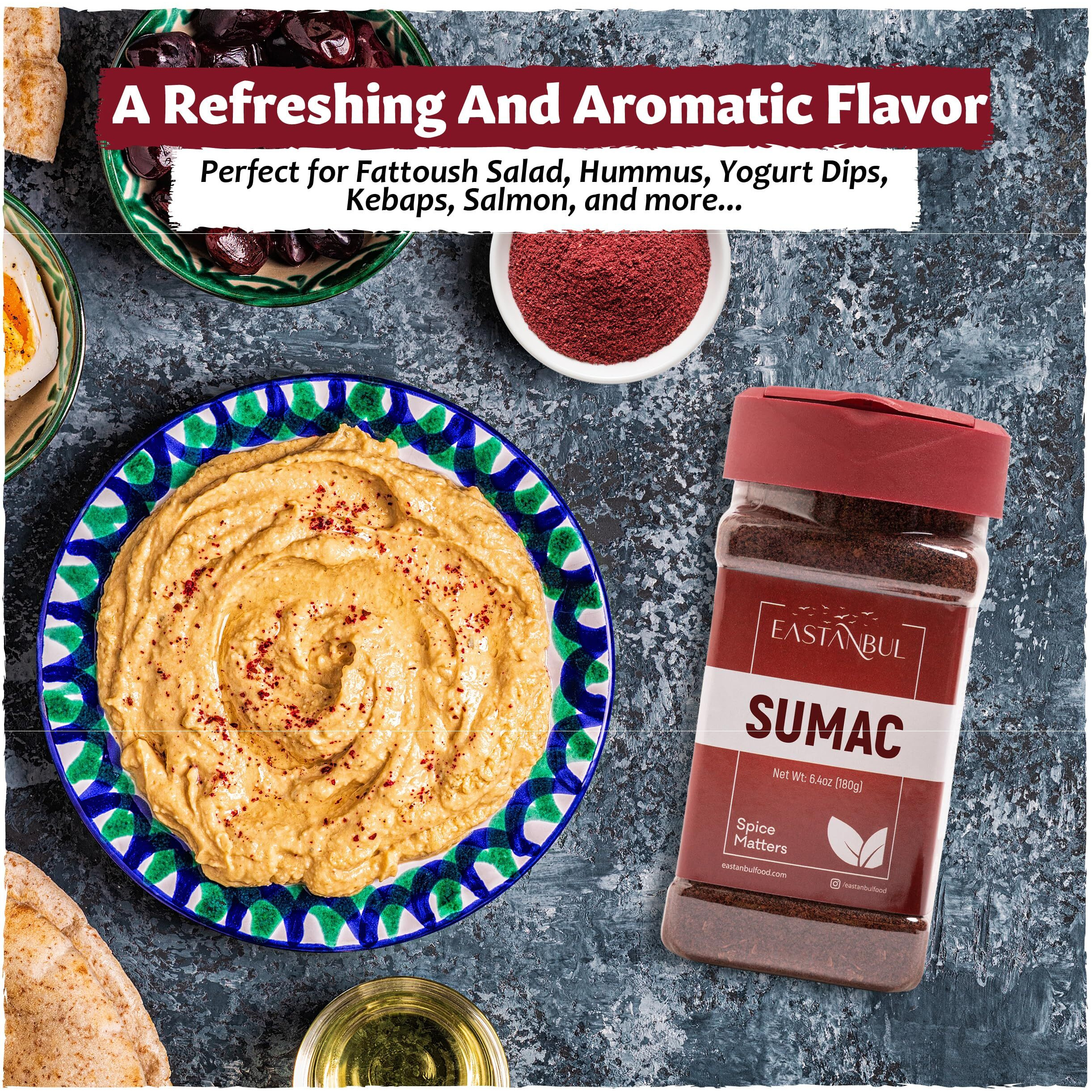 Eastanbul Sumac Spice Powder 6.4Oz, Ground Sumac Spice Fresh Farm Turkish Sumac Seasoning For Mediterranean Dishes & Middle Eastern Dishes, Spicely Sumac Powder For Turkish Spice Blend Like Zaatar