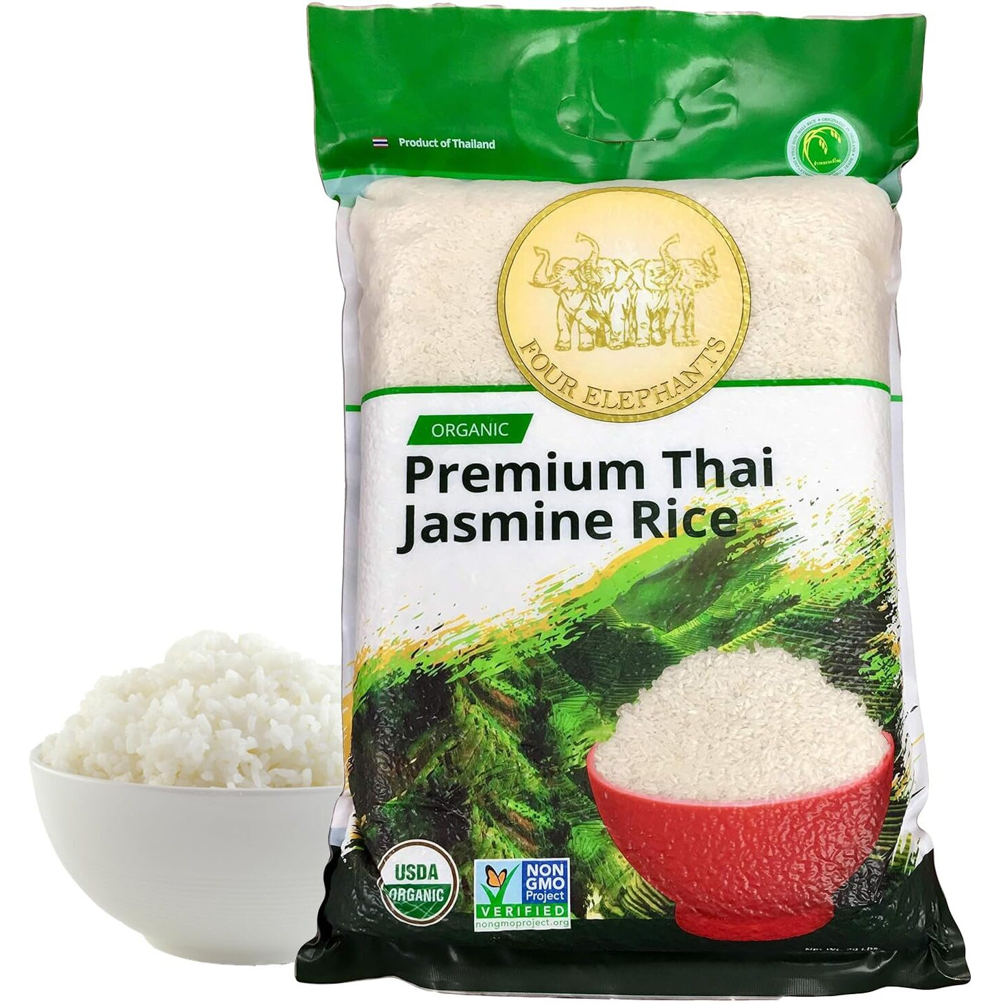 20 Pounds (Lbs) Organic Premium Thai Hom Mali Jasmine Rice | Endorsed By Pro Chefs | Four Elephants Brand | Cooking Instructions Packaging