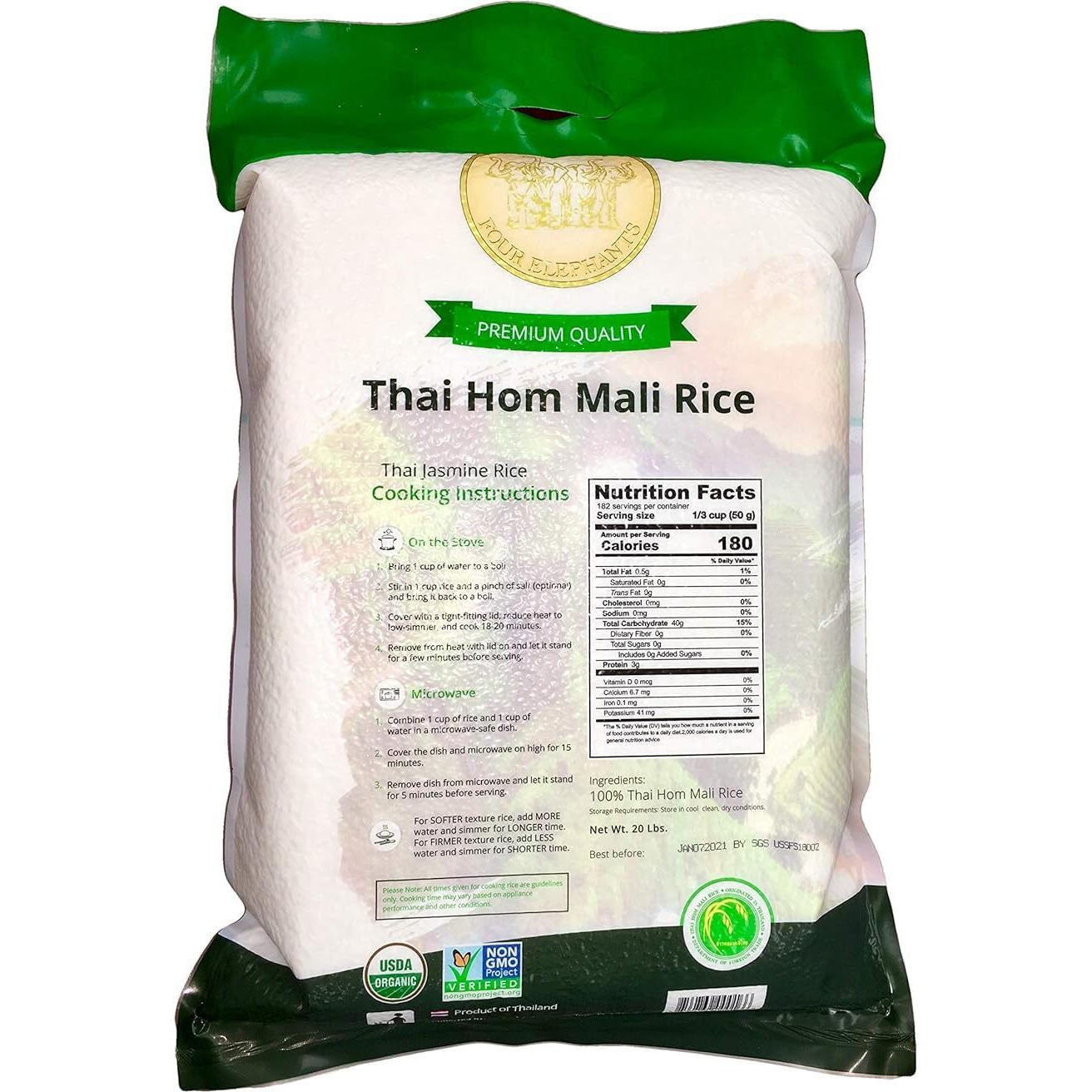 20 Pounds (Lbs) Organic Premium Thai Hom Mali Jasmine Rice | Endorsed By Pro Chefs | Four Elephants Brand | Cooking Instructions Packaging