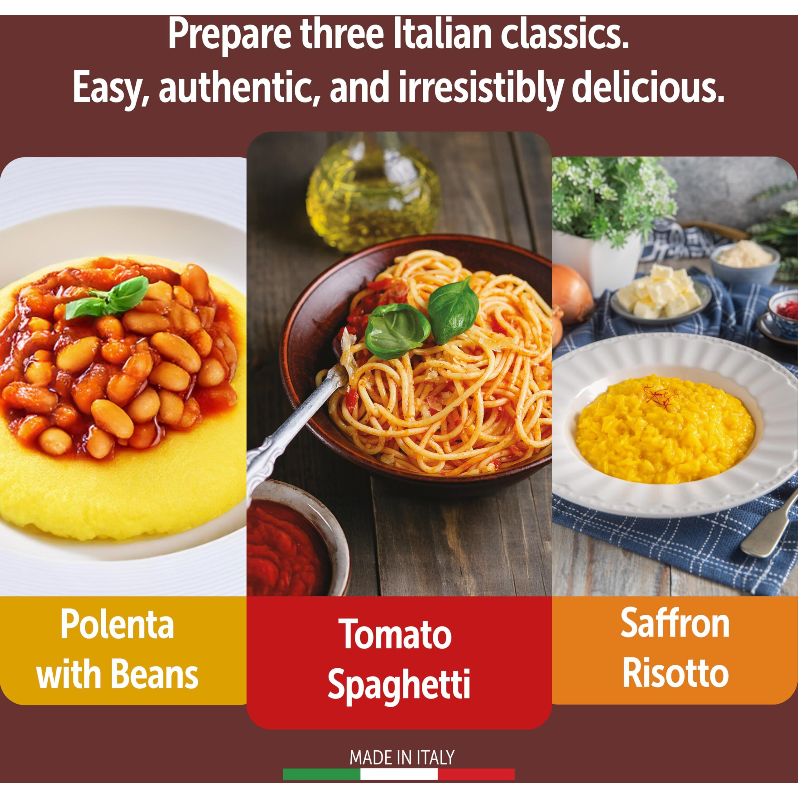 Gusta Italian Meal Kit Variety Pack - Easy-To-Prepare Authentic Italian Meals - For Gourmet Italian Food Lovers - Includes Risotto Alla Milanese, Polenta & Beans, Tomato Spaghetti - Made In Italy