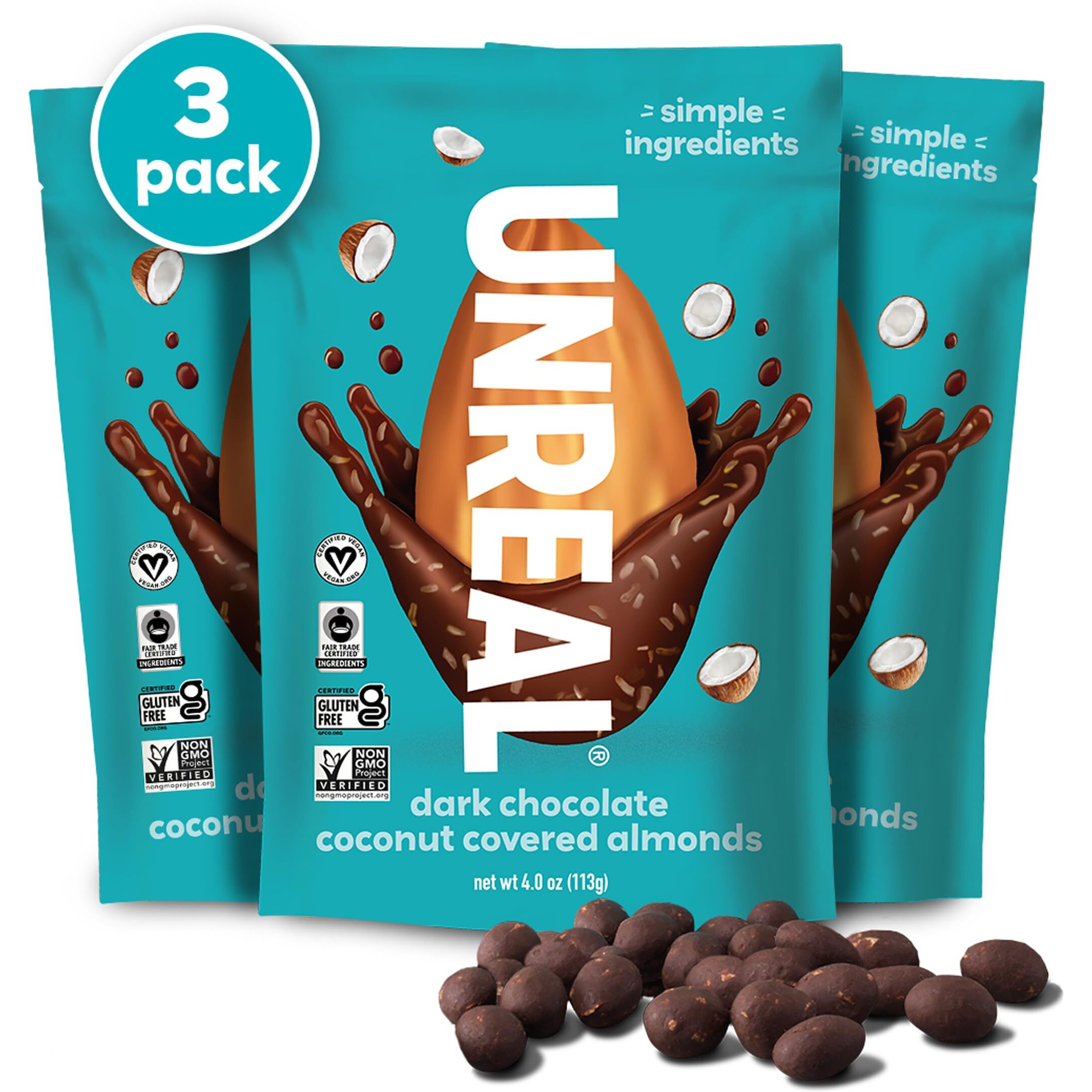Unreal Dark Chocolate Coconut Almonds (3 Pack) - Certified Vegan, Gluten Free, Fair Trade, Non-Gmo, No Sugar Alcohols Or Soy (3 Bags)