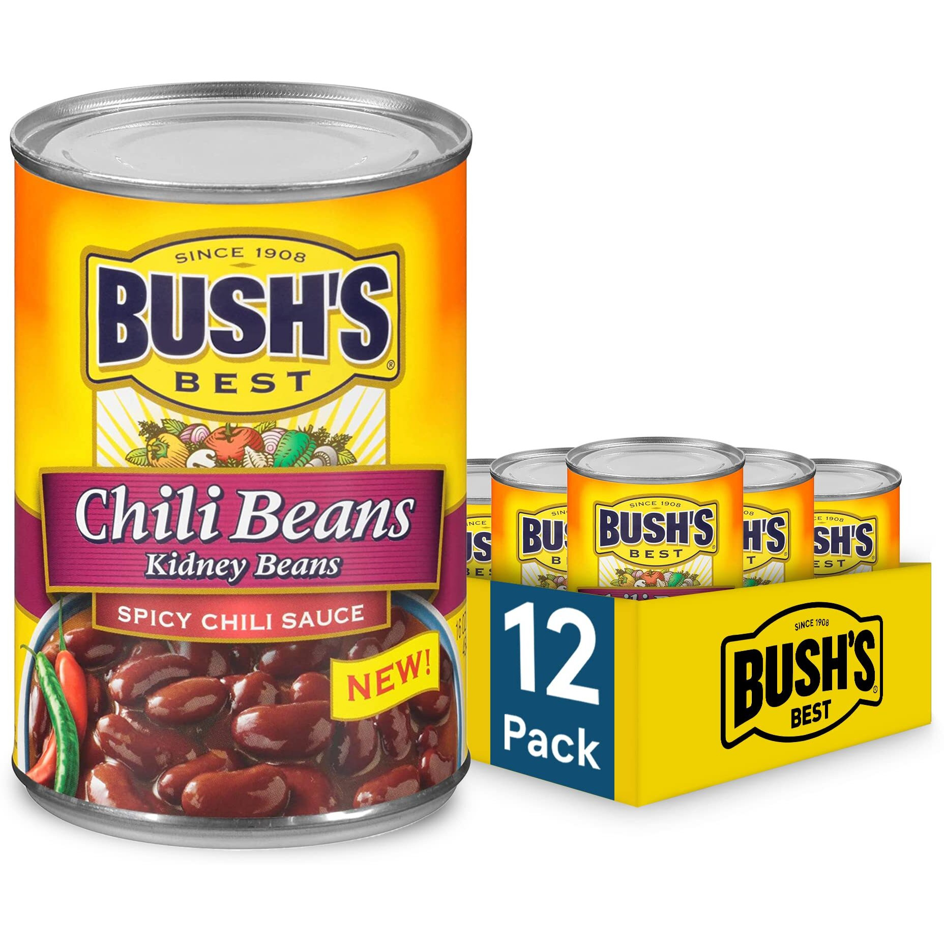 Bush's Best 16 Oz Canned Spicy Dark Red Chili Beans, Source Of Plant Based Protein And Fiber, (Pack Of 12)