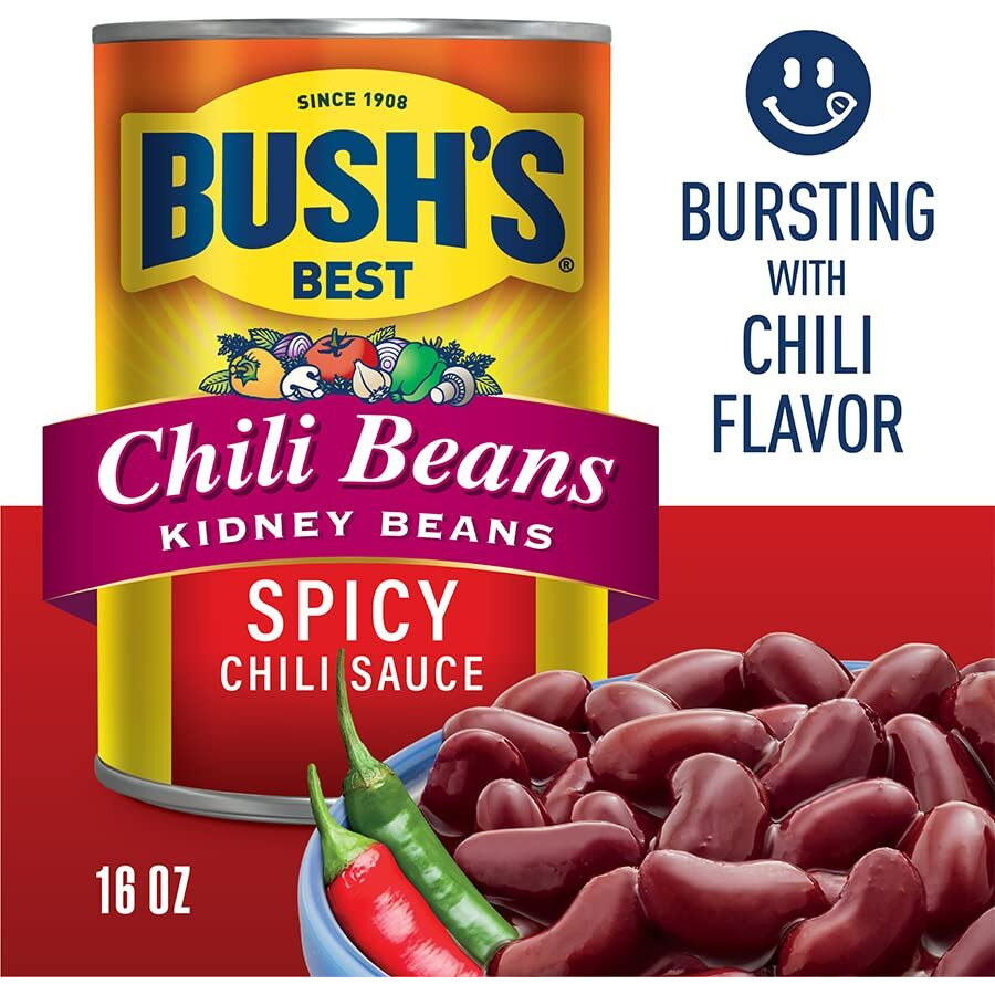 Bush's Best 16 Oz Canned Spicy Dark Red Chili Beans, Source Of Plant Based Protein And Fiber, (Pack Of 12)