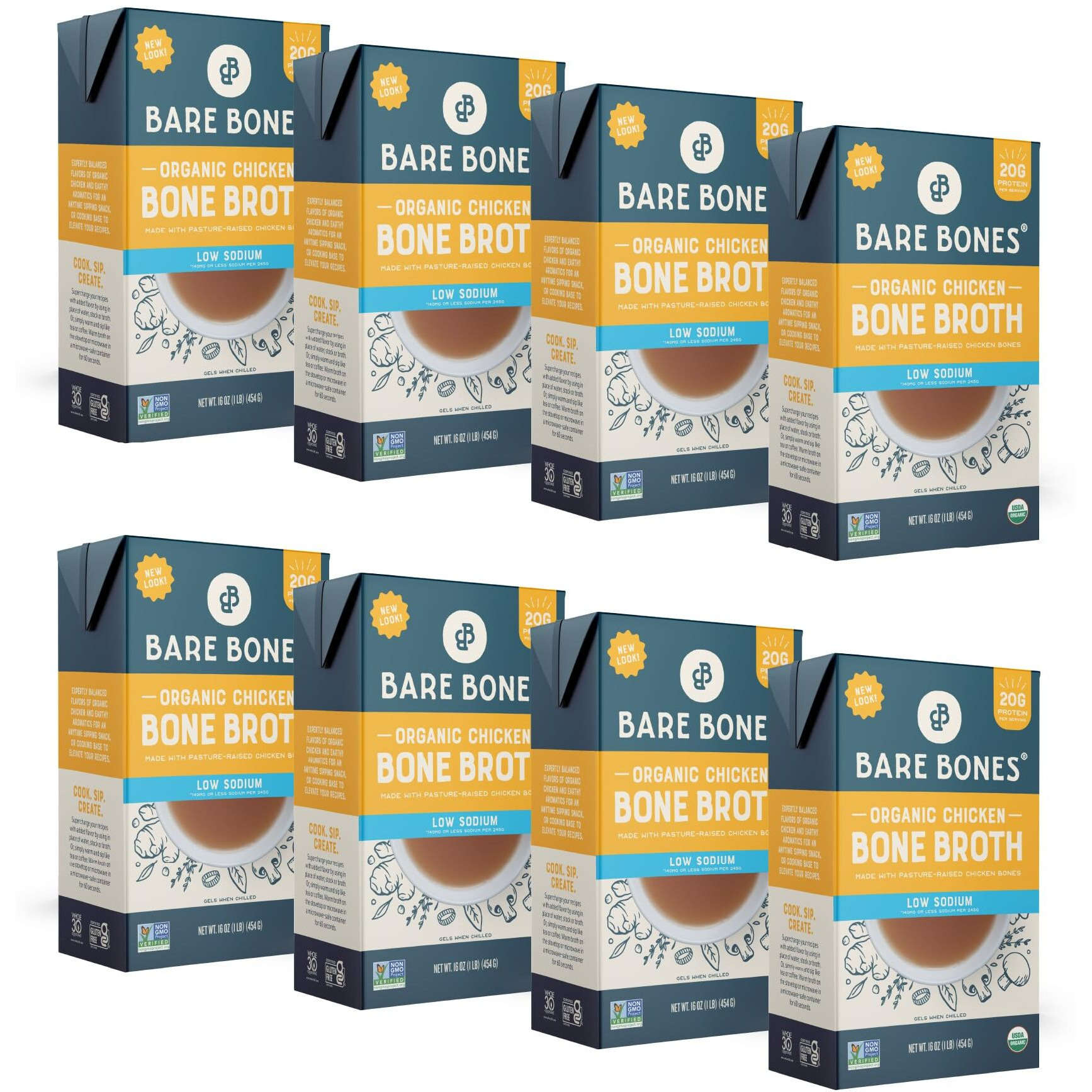 Bare Bones Low Sodium Organic Chicken Bone Broth | Pour W/ Pasture Raised Protein & Collagen For Cooking & Sipping | No Artificial Flavors Non-Gmo Gluten & Dairy-Free Keto & Paleo Friendly | 16Oz Carton | 8 Pack