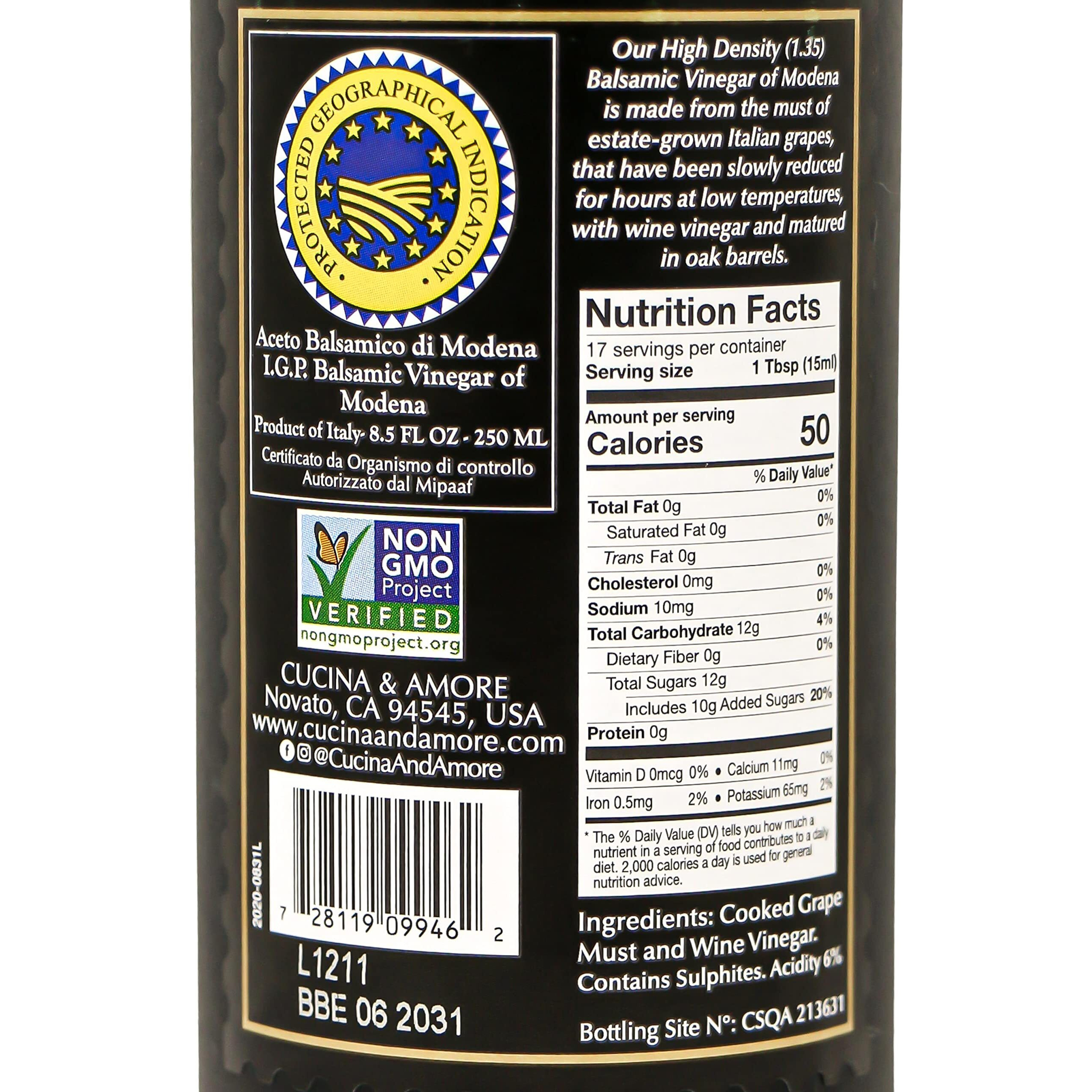 Cucina & Amore Balsamic Vinegar Of Modena | High Density, Authentic Italian Igp, Food Glaze, Reduction, Salad Dressing, Cooking, Baking, 8.5 Fl Oz