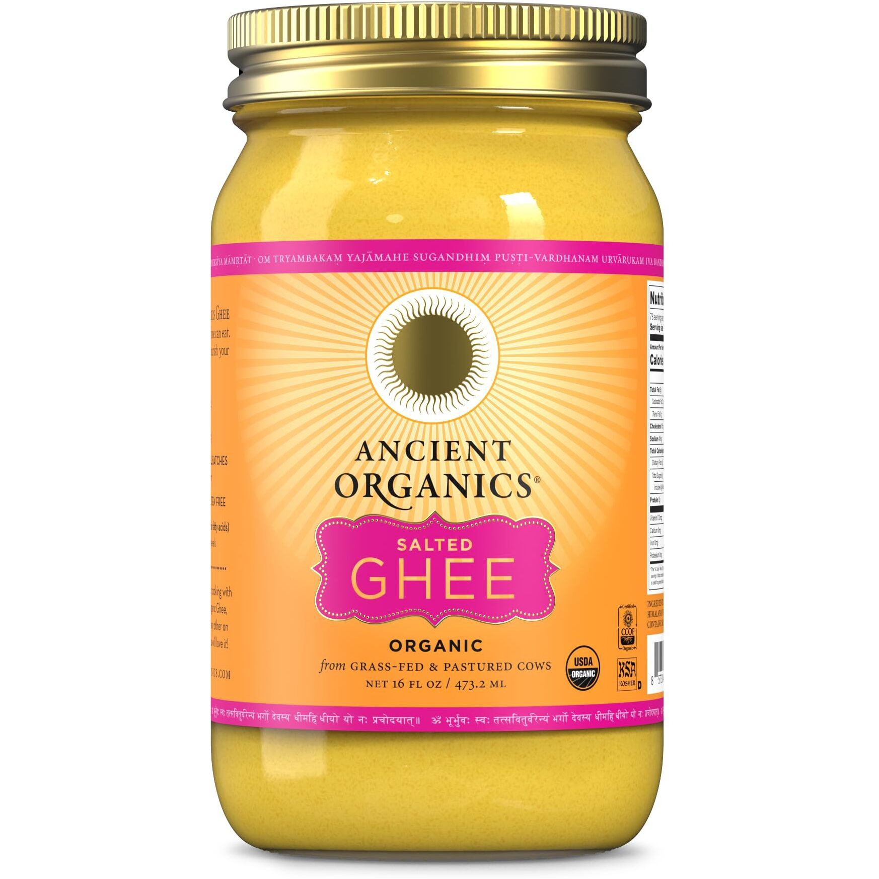 Ancient Organics Salted Ghee, Organic Grass Fed Gluten Free Clarified Salted Ghee Butter With Vitamins & Omegas, Lactose Free, 100% Certified Organic, Kosher, Made In Usa, 16 Fl Oz