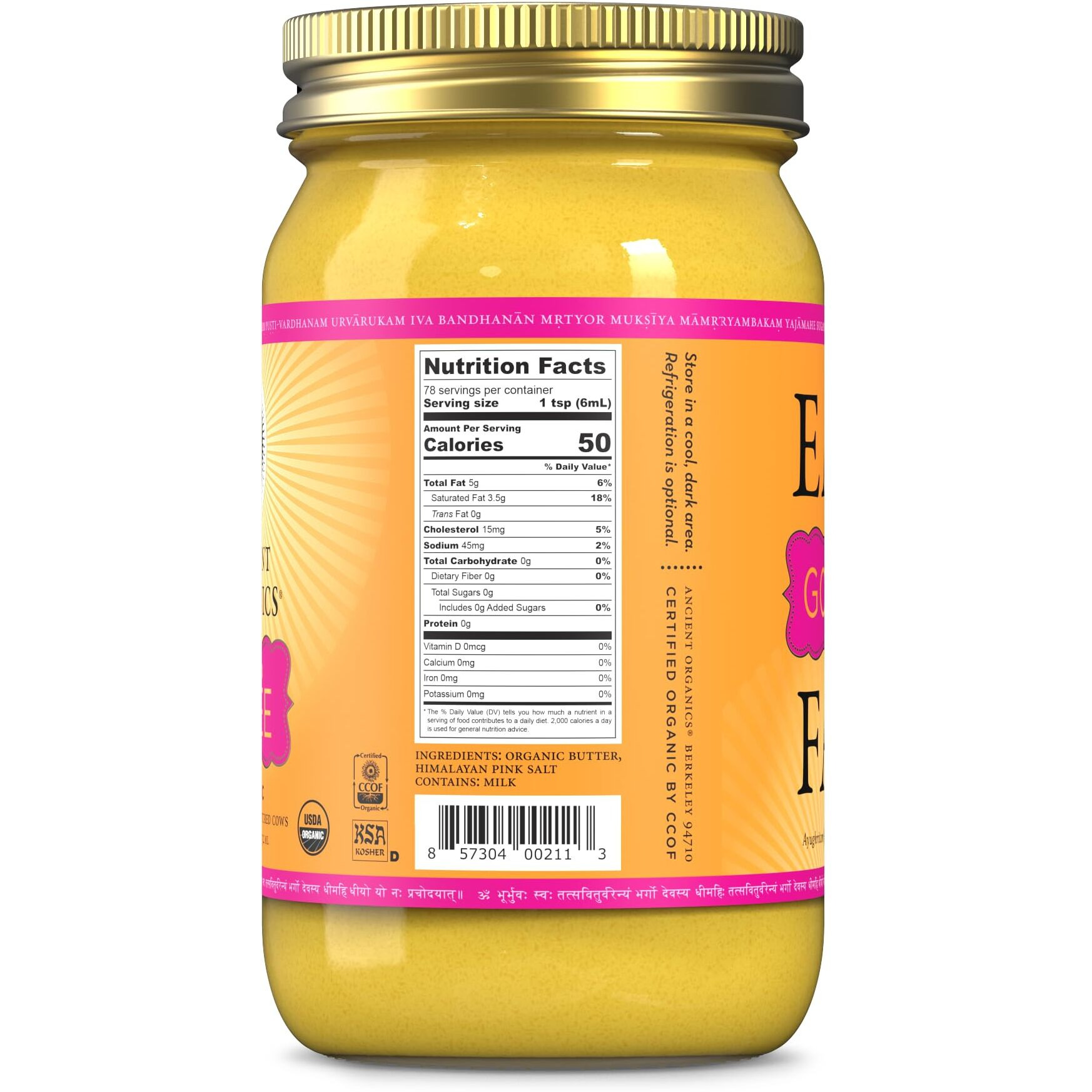 Ancient Organics Salted Ghee, Organic Grass Fed Gluten Free Clarified Salted Ghee Butter With Vitamins & Omegas, Lactose Free, 100% Certified Organic, Kosher, Made In Usa, 16 Fl Oz