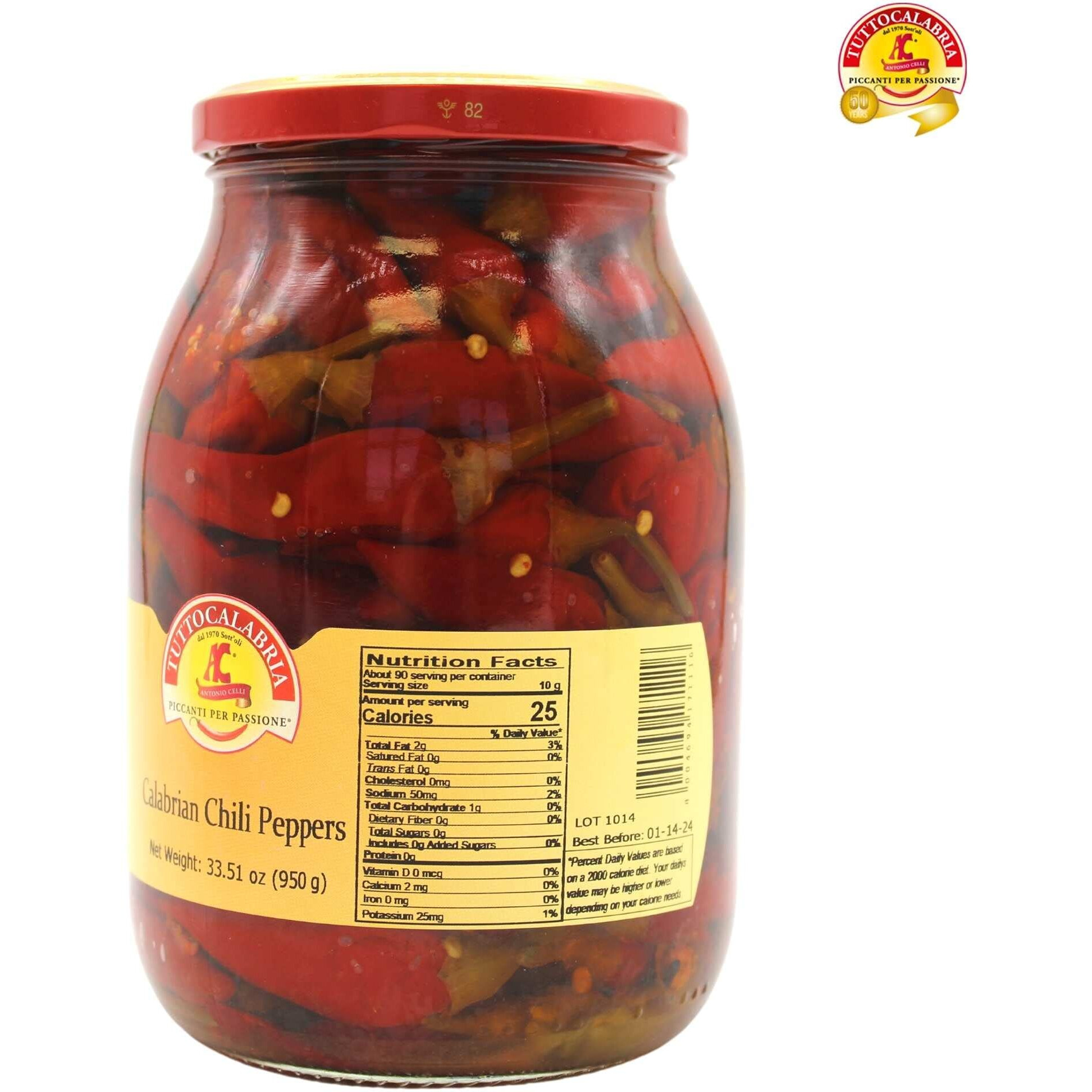 Tuttocalabria, Whole Calabrian Chili Peppers In Oil, All Natural, Non-Gmo, Product Of Italy, Glass Club Pack, 33.5 Oz