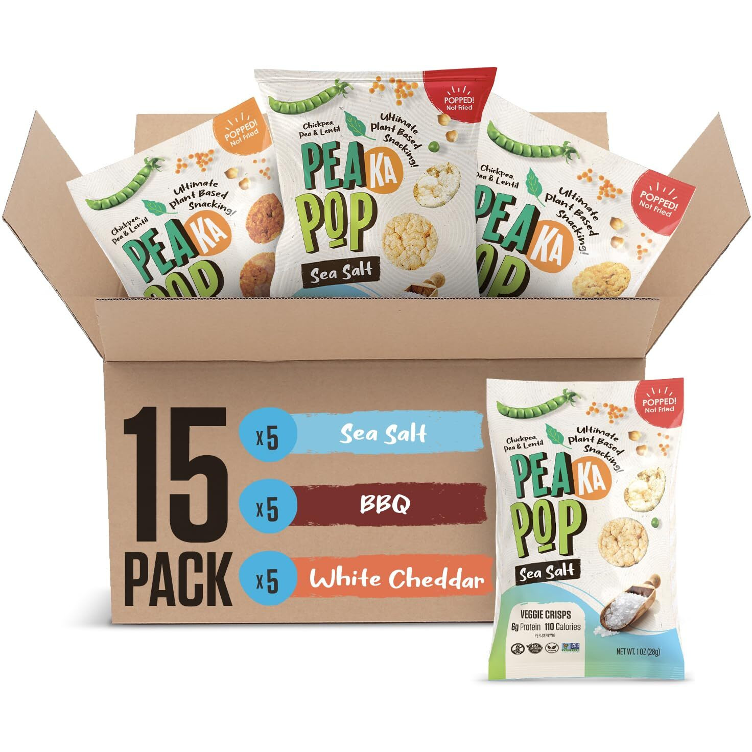 Peakapop Veggie Chips - Plant-Based, Healthy Veggie Crisps With Pea, Lentil & Chickpea Protein - Gluten-Free, Popped Chips - Snack Size For Kids & Adults - 1 Oz Bags (15-Pack) - Variety Pack