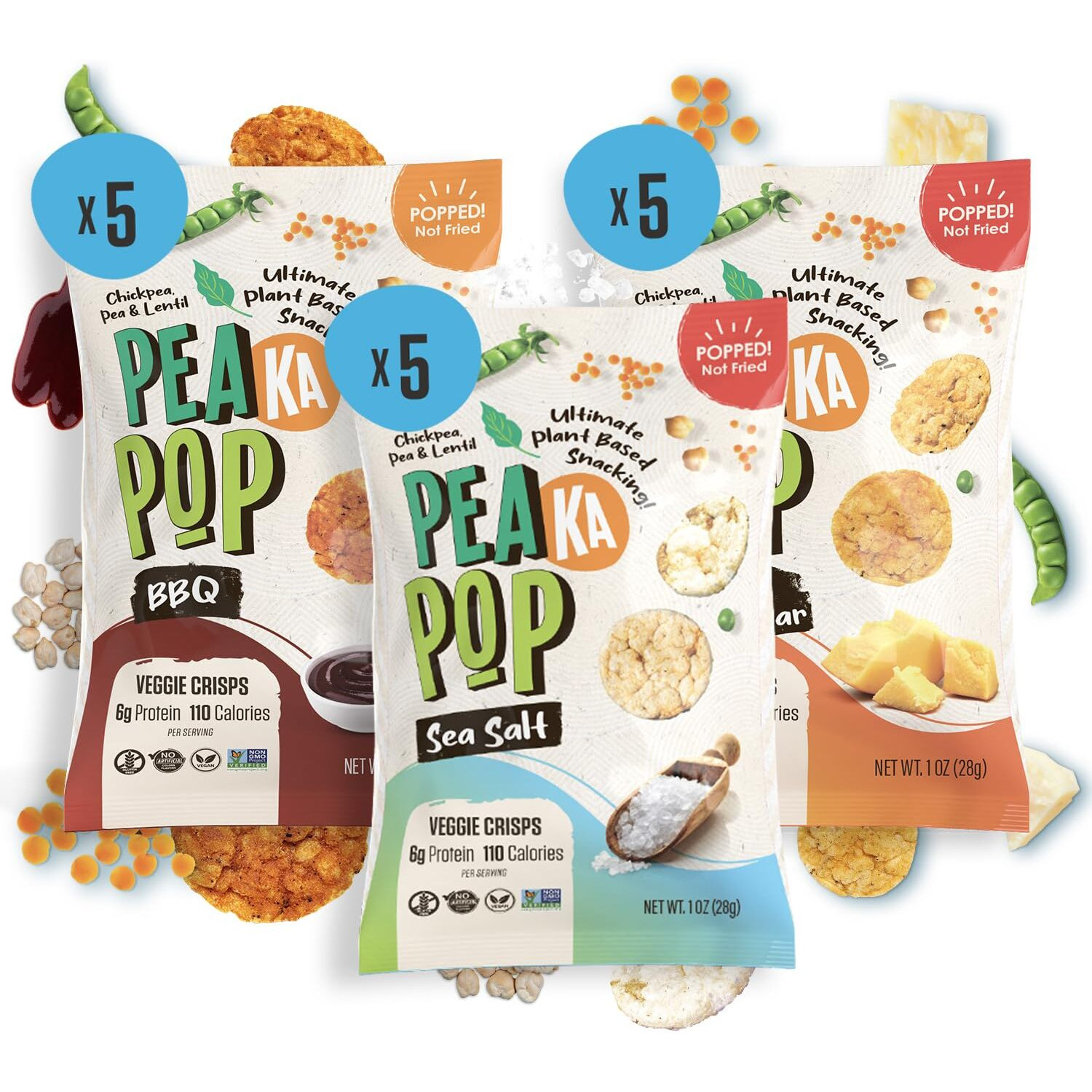 Peakapop Veggie Chips - Plant-Based, Healthy Veggie Crisps With Pea, Lentil & Chickpea Protein - Gluten-Free, Popped Chips - Snack Size For Kids & Adults - 1 Oz Bags (15-Pack) - Variety Pack