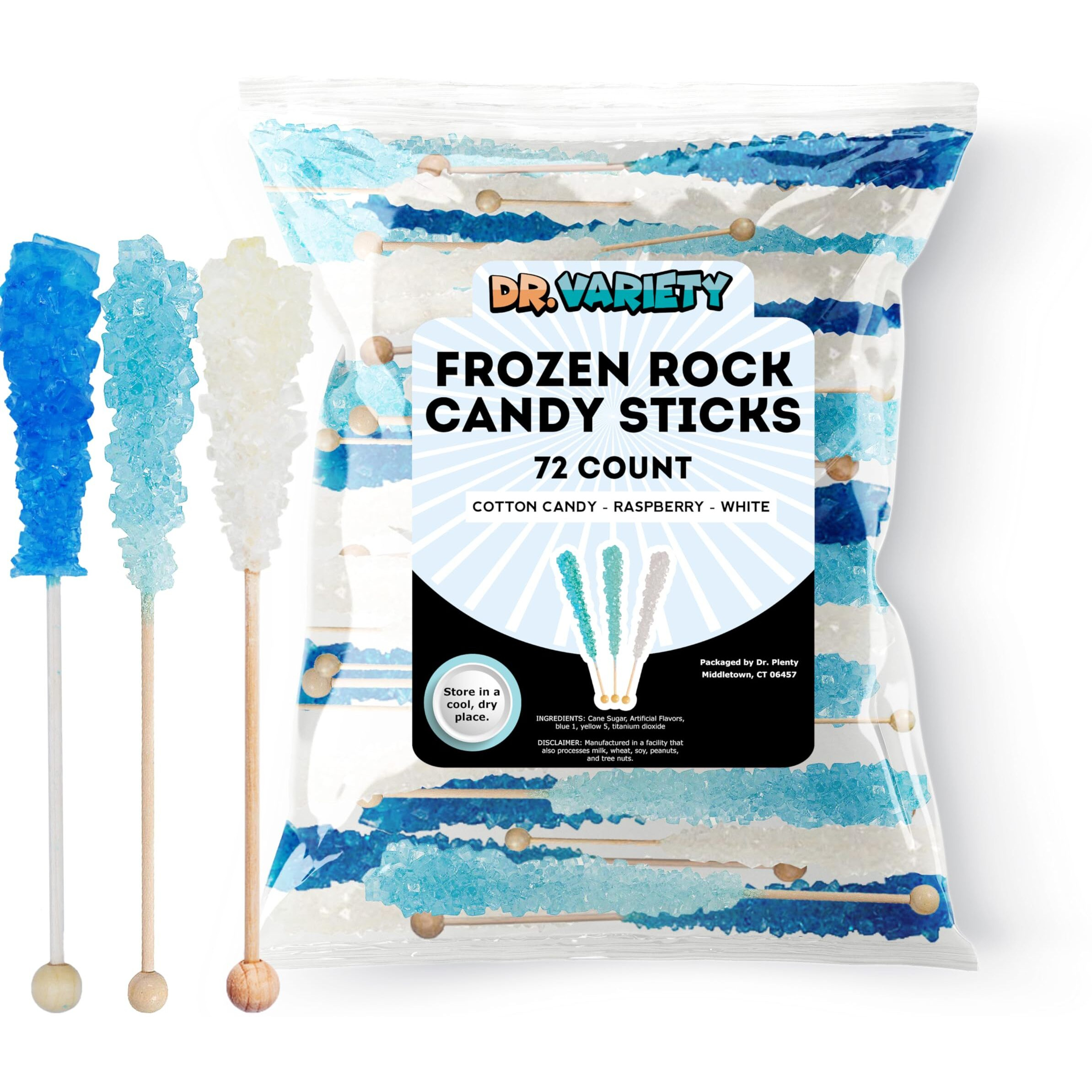 Frozen Ice Rock Candy On A Stick (72 Pack) - Bulk Individually Wrapped Pure Sugar Blue, Light Blue, And White Edible Crystal Rock Sticks - Perfect For Frozen Party Decorations, Favors, Cake Decorations, And Baby Showers - By Dr. Variety