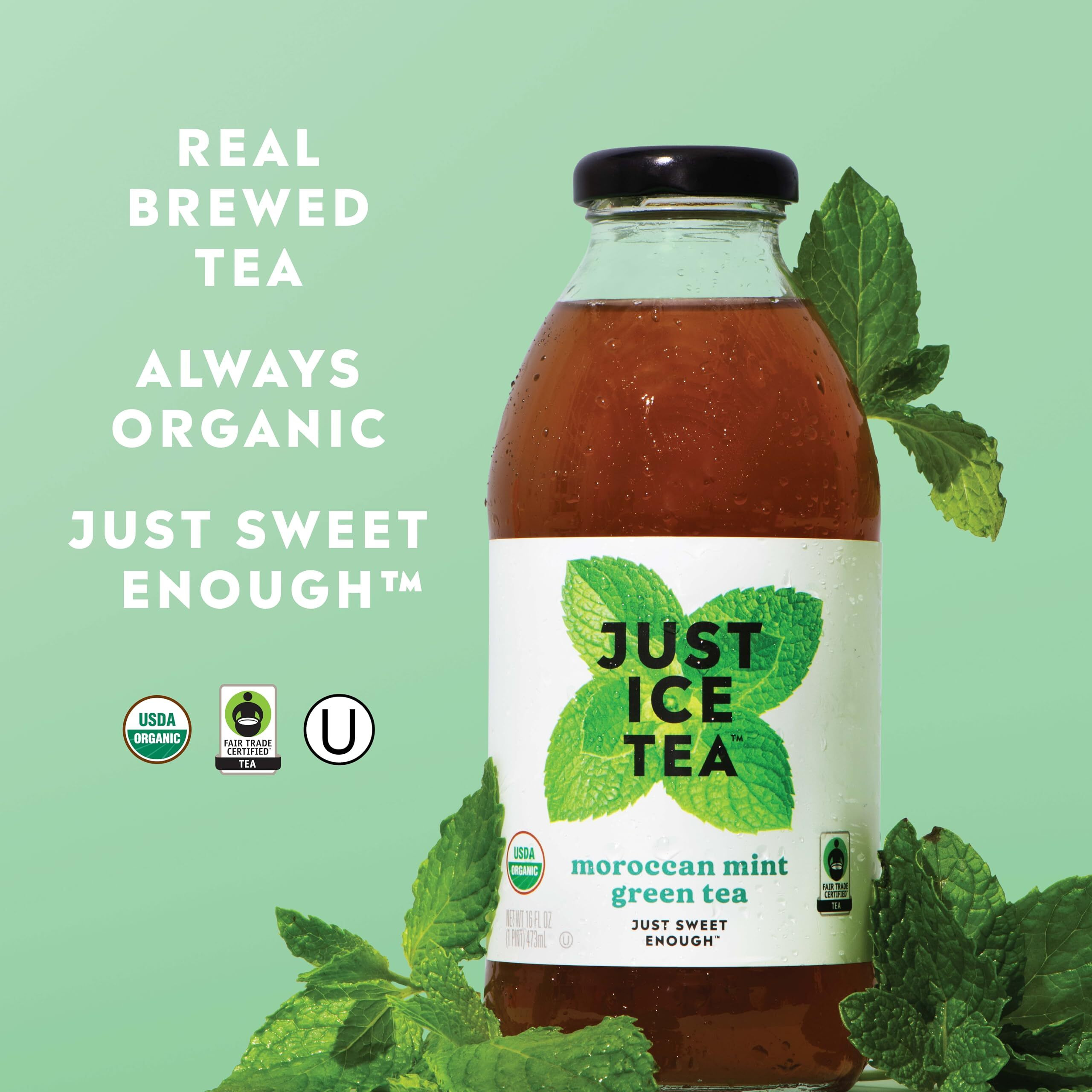 Just Ice Tea Organic Iced Tea, 16 Fl Oz Glass Bottles (Morrocan Mint Green Tea, Pack Of 12)