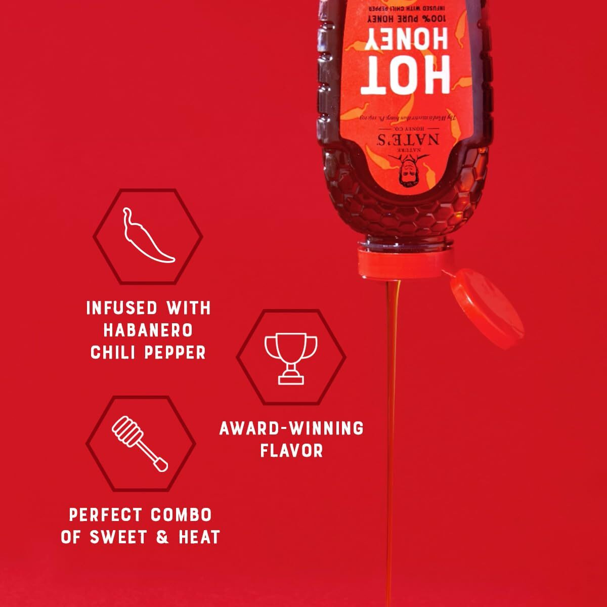 Nate's Hot Honey - 100% Pure Honey Infused With Habanero Chili Pepper Flakes, Award-Winning Taste - 16 Oz Squeeze Bottle