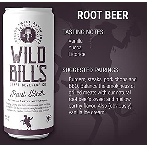 Wild Bill's Classic Root Beer Soda Classic Craft Soda Pop Soft Drinks, Sodas Made With Pure Cane Sugar, Caffeine Free, No High Fructose Corn Syrup, Gluten Free, Vegan, Low Sodium, 12 Oz 12 Pack