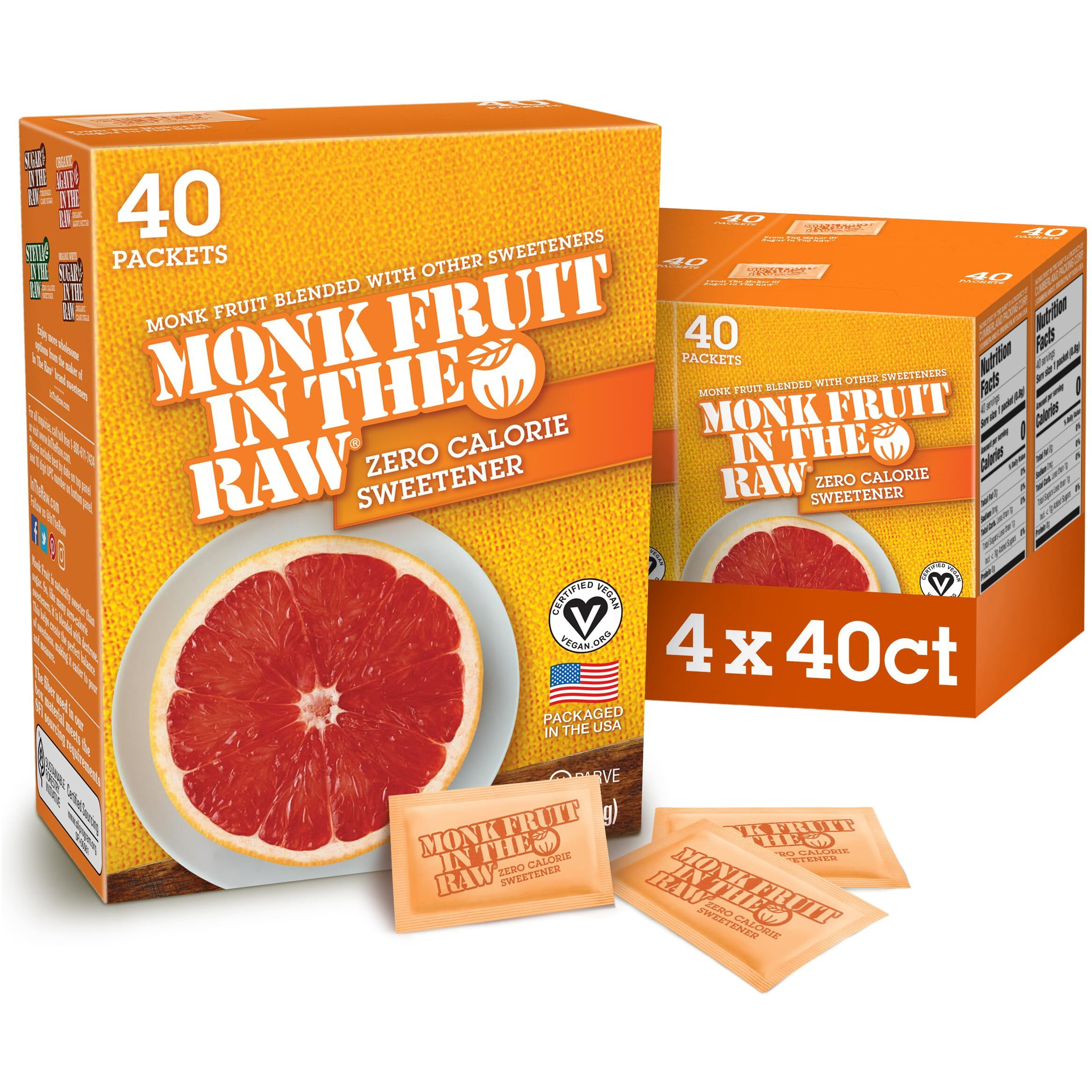 Sugar In The Raw Monk Fruit In The Raw, Natural Monk Fruit Sweetener, Sugar-Free, Gluten Free, Zero Calorie, Vegan Sugar Substitute, 40 Count Packets (Pack Of 4)