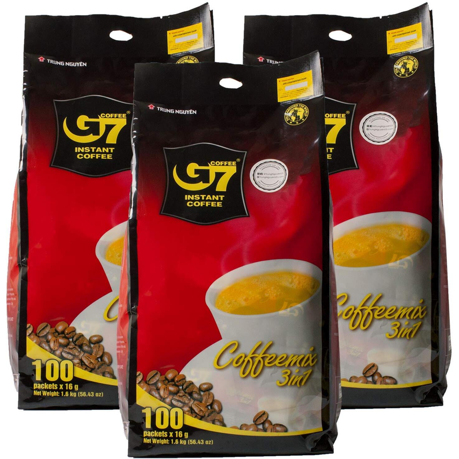 Trung Nguyen - G7 3 In 1 Instant Coffee - Roasted Ground Coffee Blend W/Non-Dairy Creamer And Sugar - Strong And Bold - Instant Vietnamese Coffee | 100 Packets (3 Bags In A Pack)