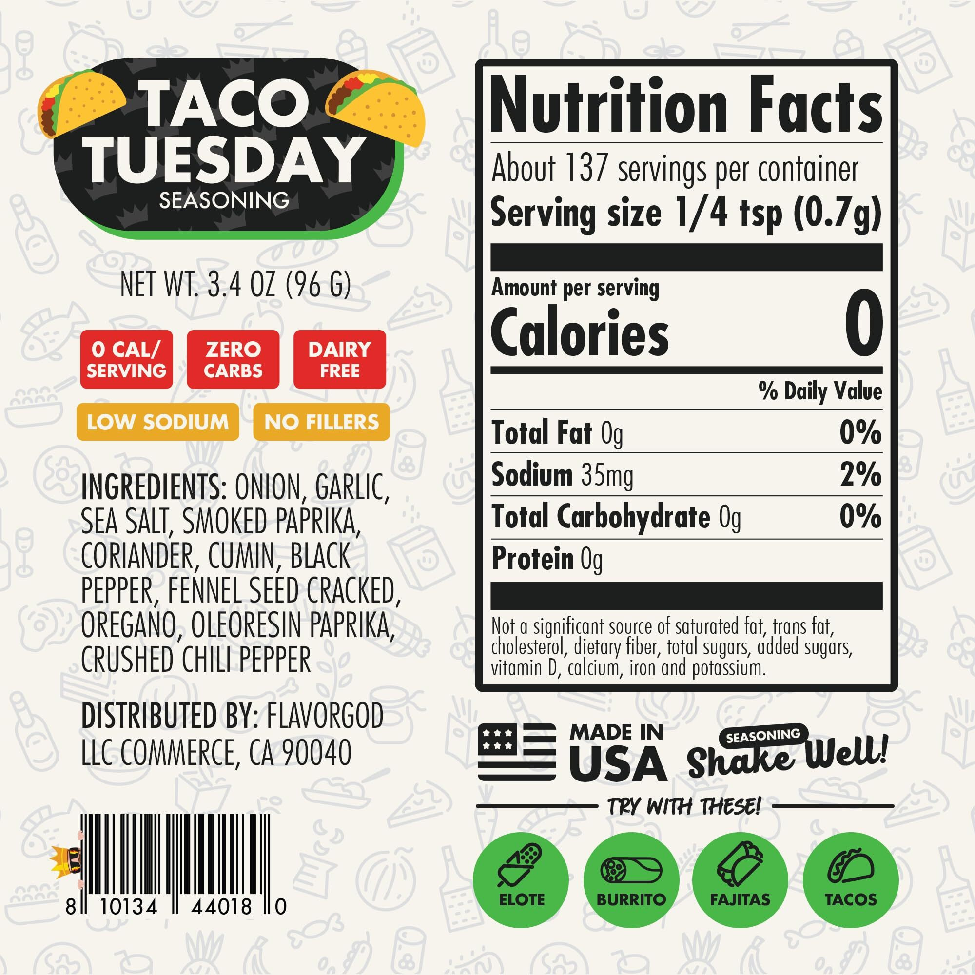 Taco Tuesday Seasoning Mix By Flavor God - Premium All Natural & Healthy Spice Blend For Grilling Chicken, Beef, Seafood, Vegetables, Salad, Ravioli, Pizza, & Pasta - Kosher, Gluten-Free, Dairy-Free, Vegan, Keto Friendly