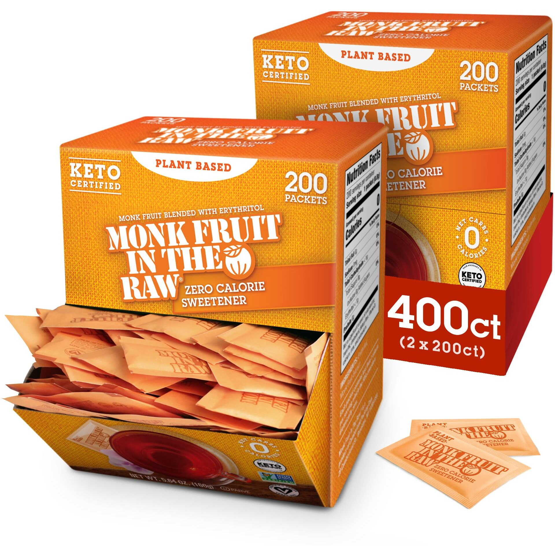 Monk Fruit In The Raw Sweetener Packets, 200 Ct Box, 2 Pack, Keto Certified Monk Fruit Sweetener Packets, Zero Calories, Zero Net Carbs, Non-Gmo Project Verified, Vega, Low Glycemic Index