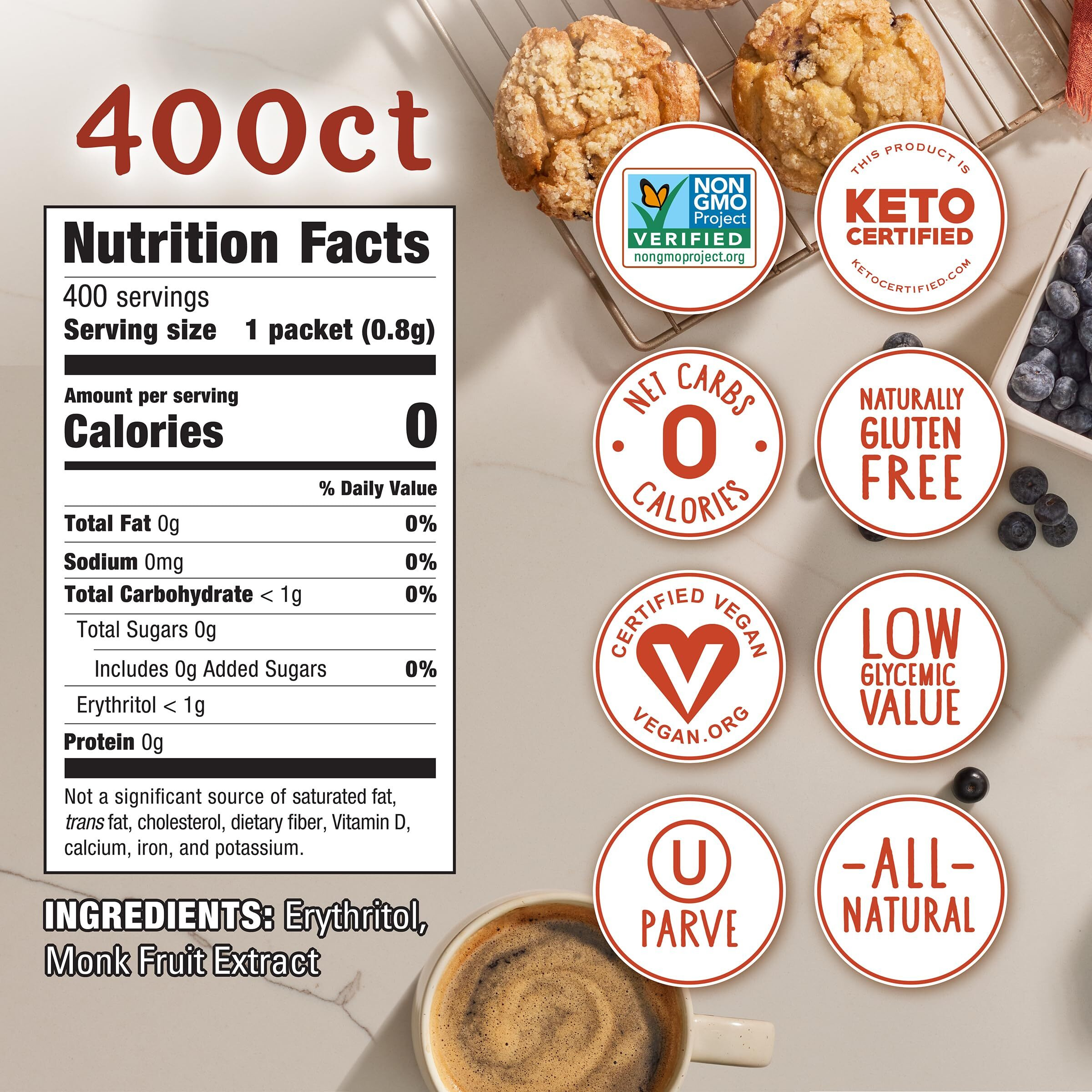 Monk Fruit In The Raw Sweetener Packets, 200 Ct Box, 2 Pack, Keto Certified Monk Fruit Sweetener Packets, Zero Calories, Zero Net Carbs, Non-Gmo Project Verified, Vega, Low Glycemic Index