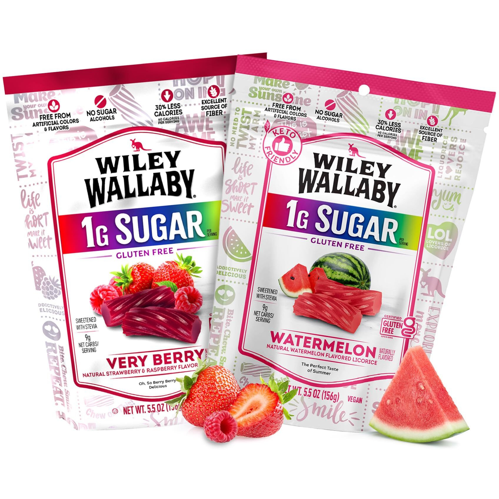Wiley Wallaby Low Sugar Gluten Free Licorice | Soft Chewy Licorice | Watermelon And Very Berry Flavors | 5.5 Ounce | 2 Pack
