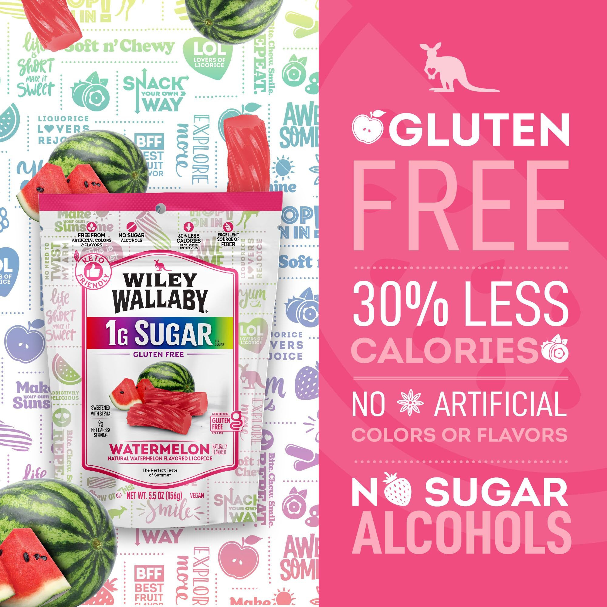 Wiley Wallaby Low Sugar Gluten Free Licorice | Soft Chewy Licorice | Watermelon And Very Berry Flavors | 5.5 Ounce | 2 Pack