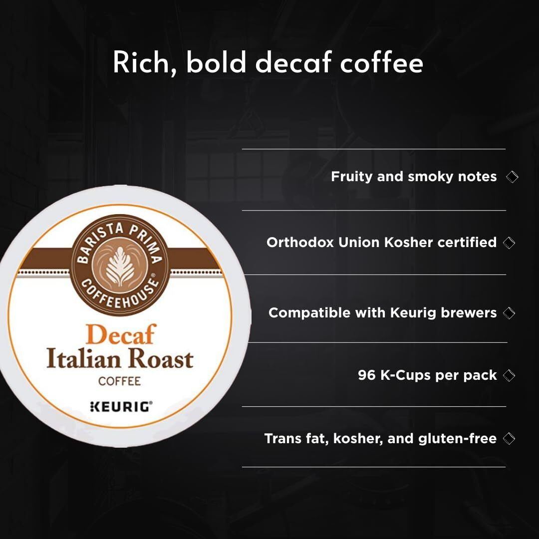 Barista Prima Coffeehouse Dark Roast Extra Bold K-Cup For Keurig Brewers, Decaf Italian Roast Coffee,4 Pack Of 24 Cups Each (96 Count)