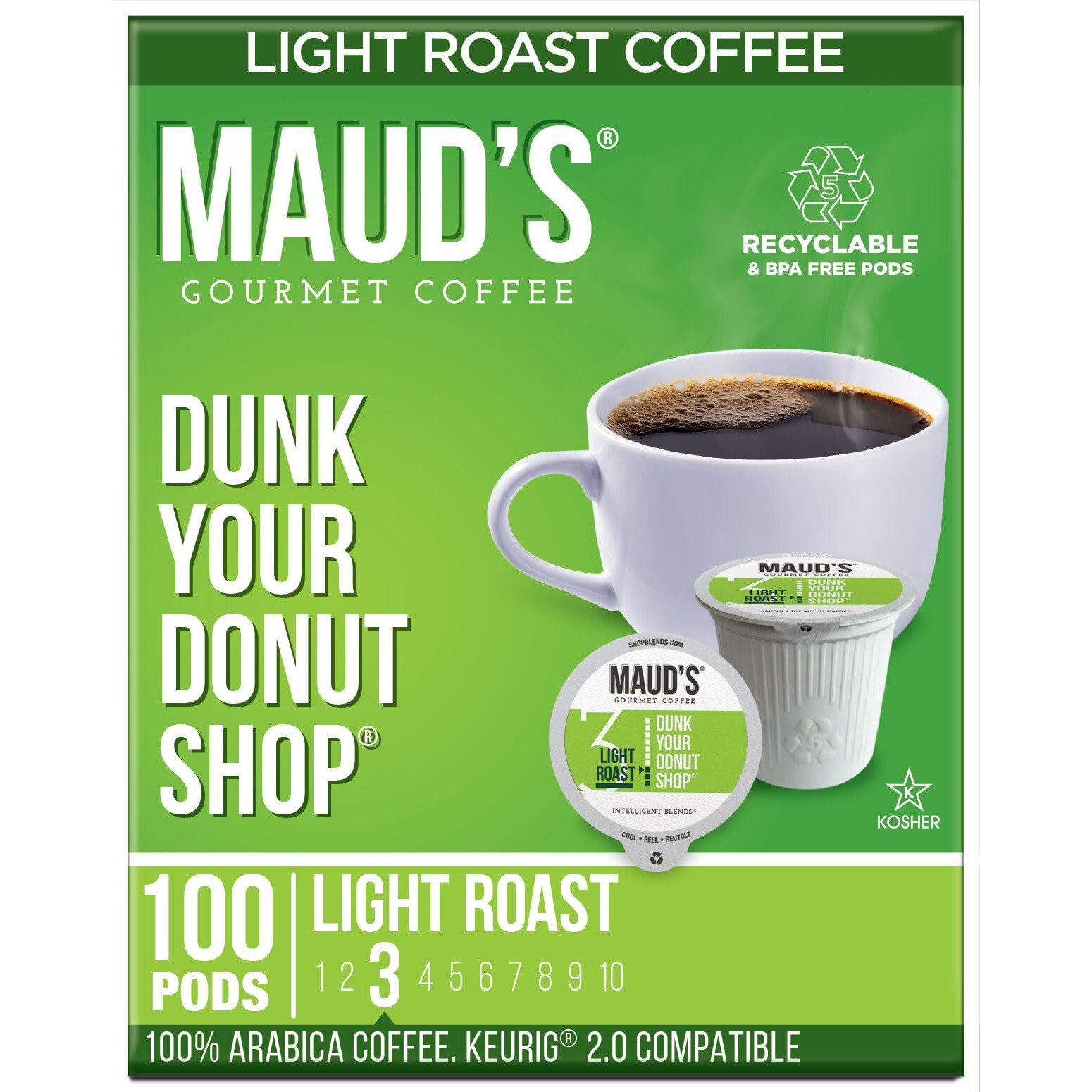 Maud's Donut Shop Flavored Coffee Pods, 100 Ct | Dunk Your Donut Shop Flavor | 100% Arabica Light Roast Coffee | Solar Energy Produced Recyclable Pods Compatible With Keurig K Cups Maker