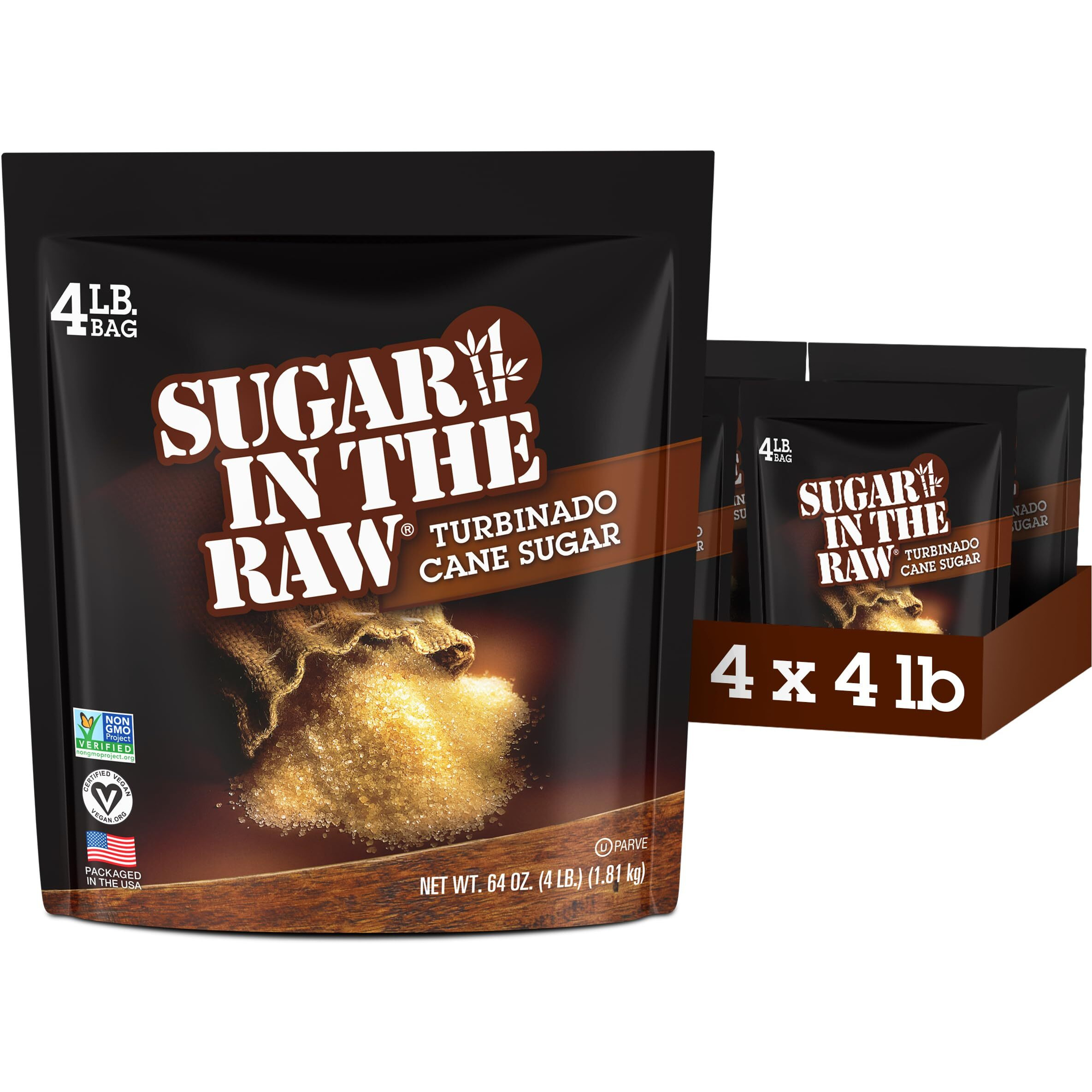 Sugar In The Raw Granulated Turbinado Cane Sugar, No Erythritol, Pure Natural Sweetener, Hot & Cold Drinks, Coffee, Cooking, Baking, Vegan, Gluten-Free, Non-Gmo, Bulk Sugar, 4Lb Bag (4-Pack)