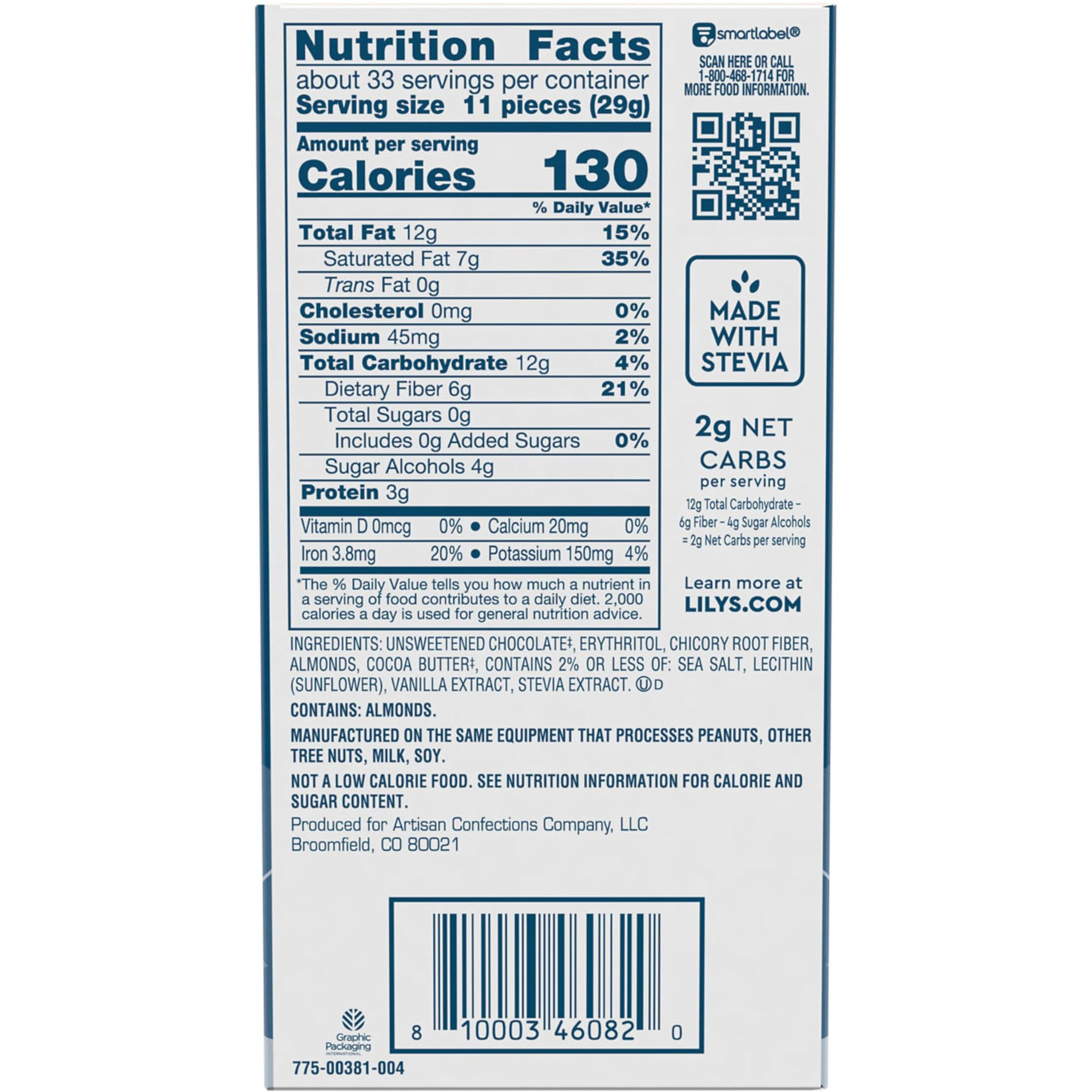 Lily's Salted Almond Extra Dark Chocolate Style No Sugar Added, Sweets Bars, 2.8 Oz (12 Count)