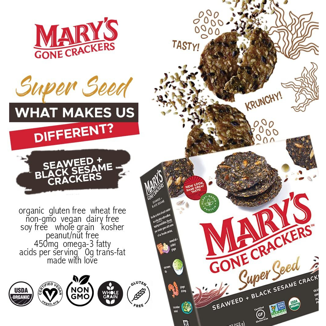 Mary's Gone Crackers Super Seed Crackers, Seaweed & Black Sesame, 5.5 Ounce (Pack Of 1), Organic Plant Based Protein, Gluten Free