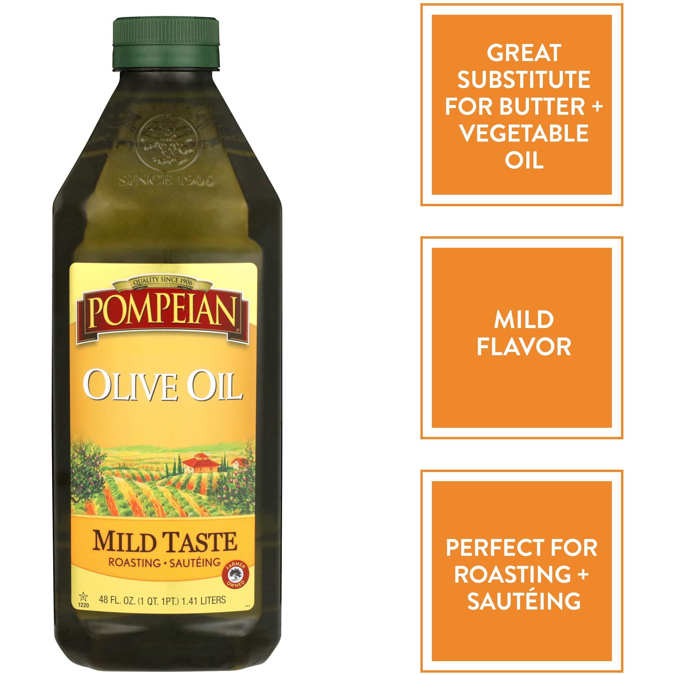 Pompeian Mild Taste Olive Oil, Perfect For Roasting & Sauteing, Naturally Gluten Free, Non-Allergenic, Non-Gmo, 48 Fl. Oz.
