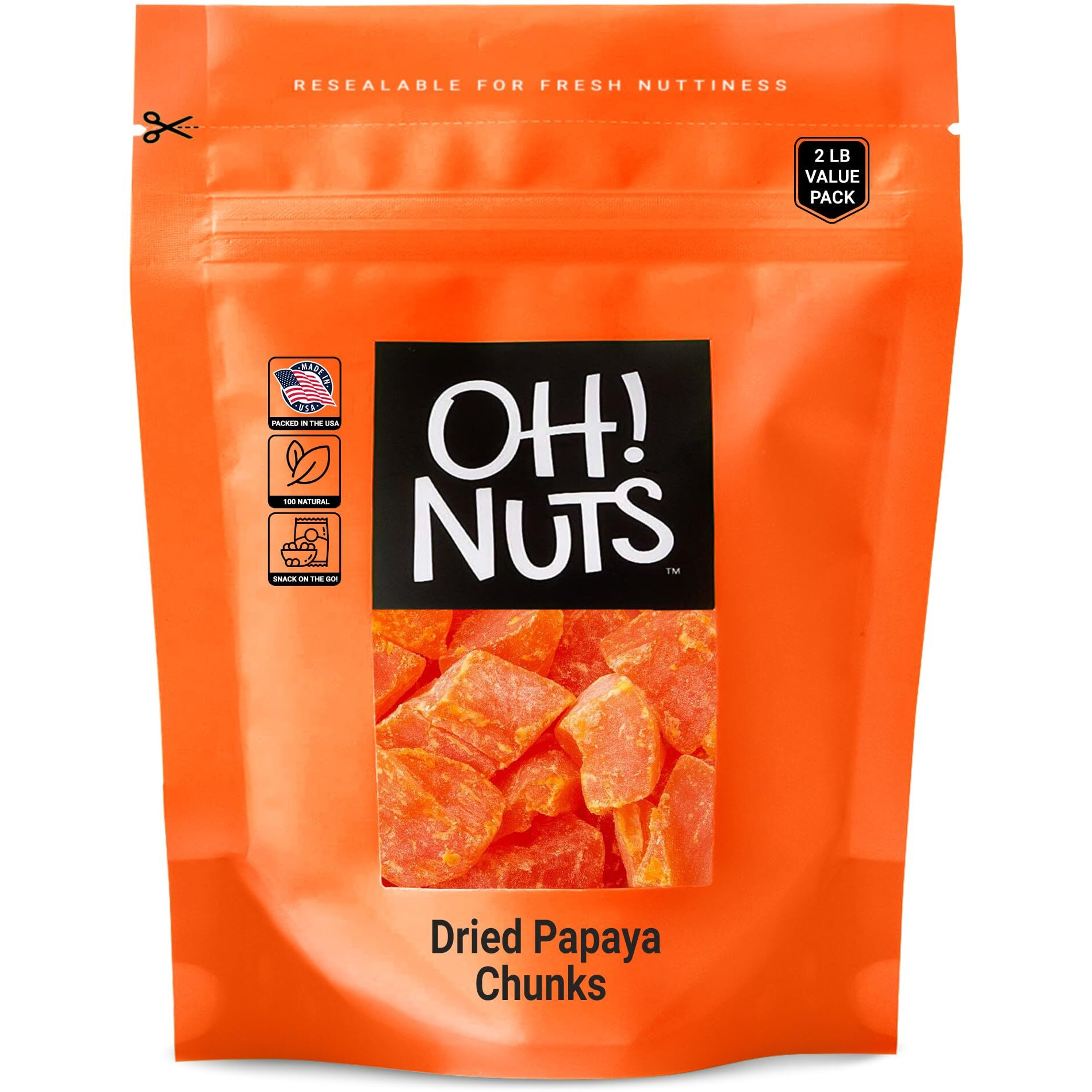 Dried Papaya Chunks | 2 Lb - Dried Fruit Chunks | Less Sugar Added | Dehydrated Fruit Bites | Packed In New York Zip-Seal Bag For Exceptional Freshness By Oh Nuts