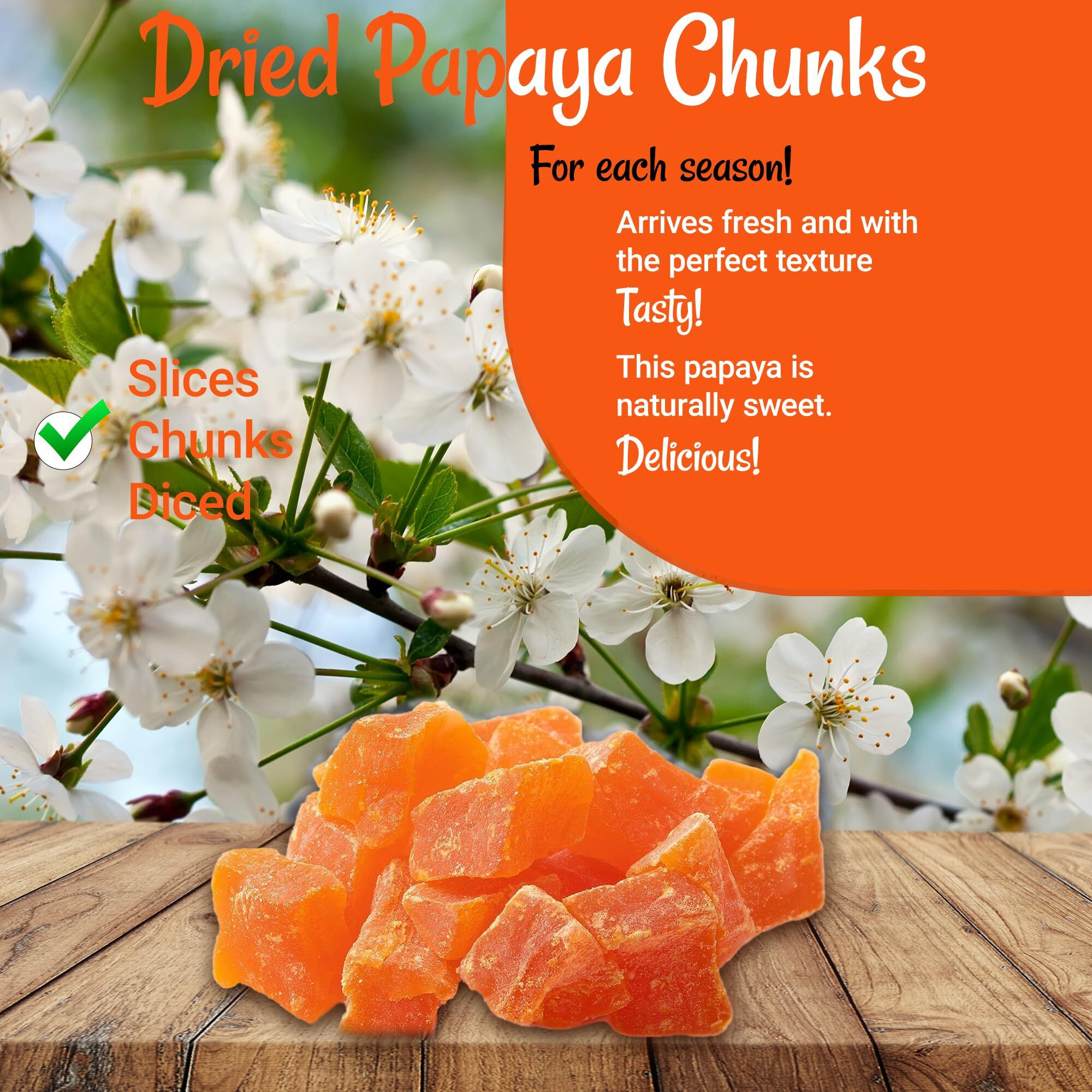 Dried Papaya Chunks | 2 Lb - Dried Fruit Chunks | Less Sugar Added | Dehydrated Fruit Bites | Packed In New York Zip-Seal Bag For Exceptional Freshness By Oh Nuts