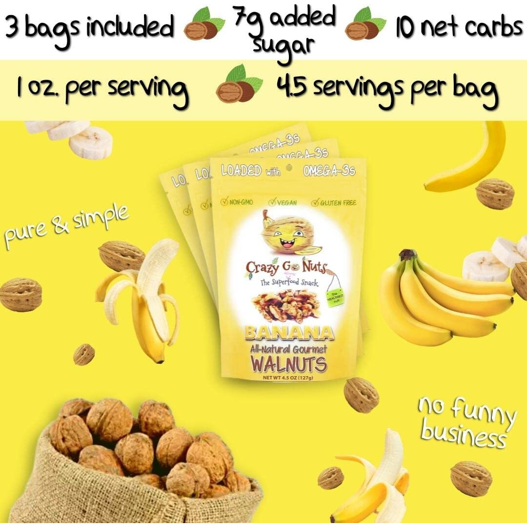 Crazy Go Nuts Walnuts - Banana, 4.5 Oz (3-Pack) - Healthy Snacks, Vegan, Gluten Free, Superfood - Natural, Non-Gmo, Ala, Omega 3 Fatty Acids, Good Fats, And Antioxidants