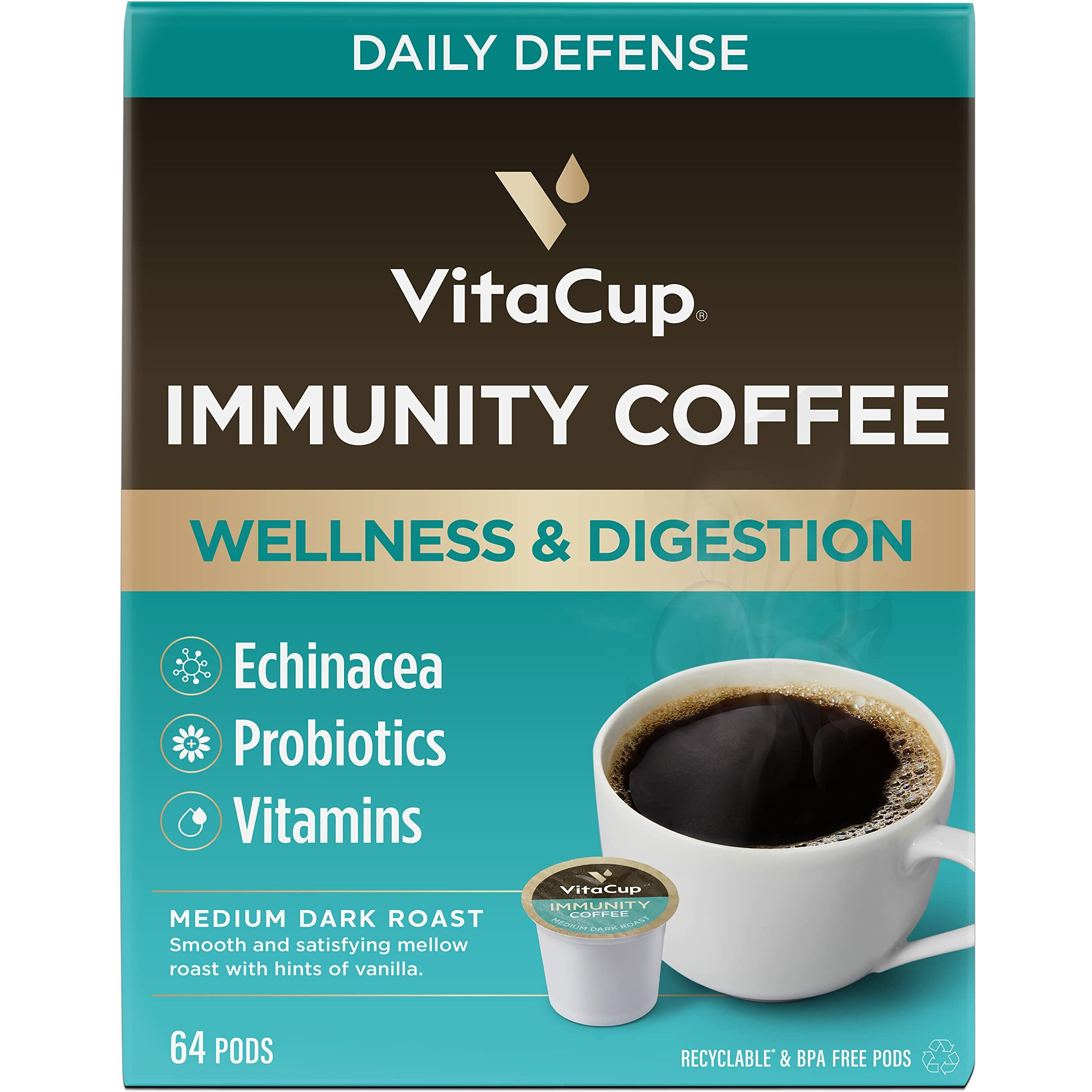 Vitacup Immunity Coffee Pods, Wellness Boost With Antioxidants, Echinacea, Probiotics, Vitamin C & D3, Medium Dark Roast, Recyclable Single Serve Pod Compatible With Keurig K-Cup Brewers,64 Ct