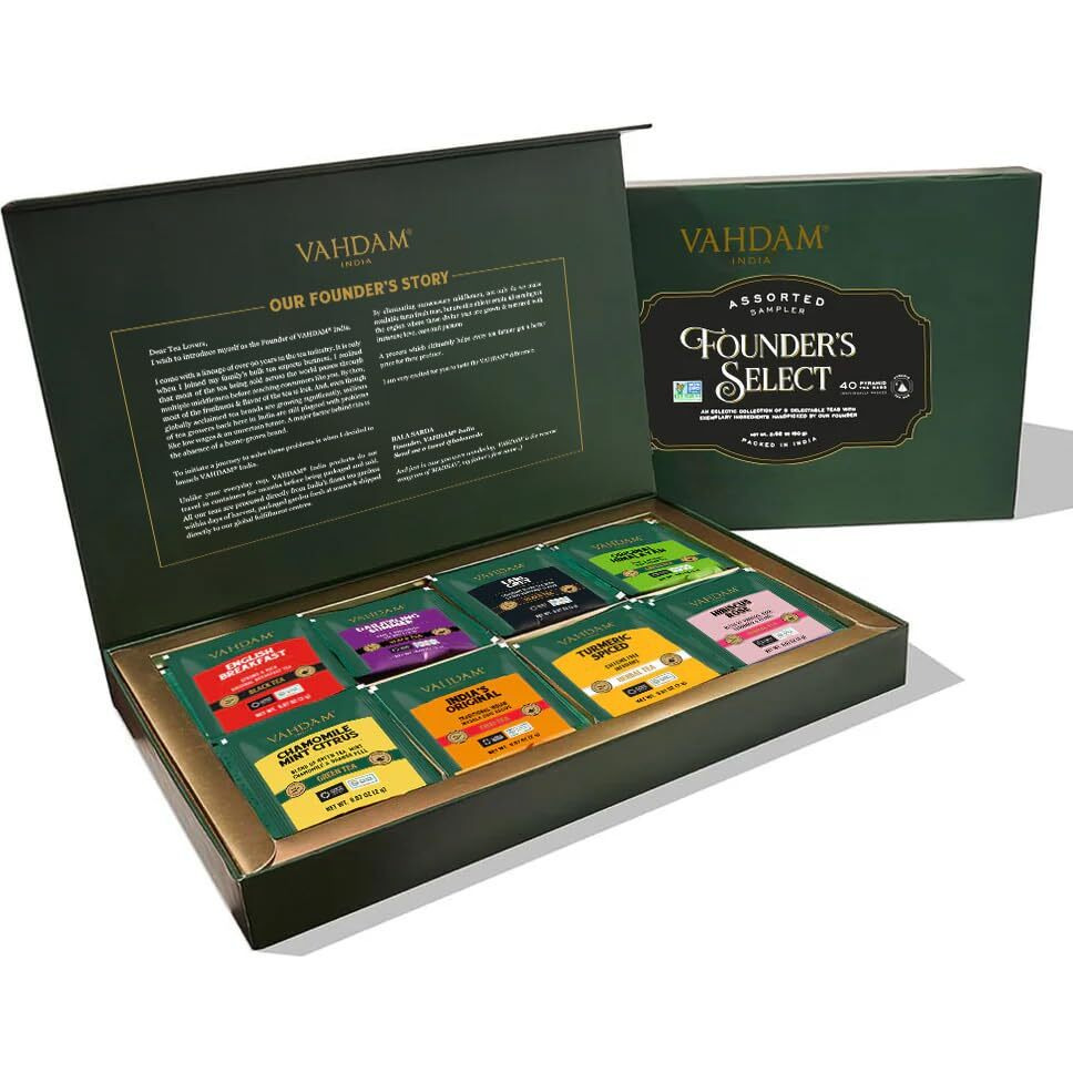 Vahdam, Founder's Select - Assorted Tea In Presentation Box - 8 Flavors, 40 Pyramid Tea Bags | Long Leaf Pyramid Tea Variety Pack | Premium Tea Gifts | Gifts For Women & Men