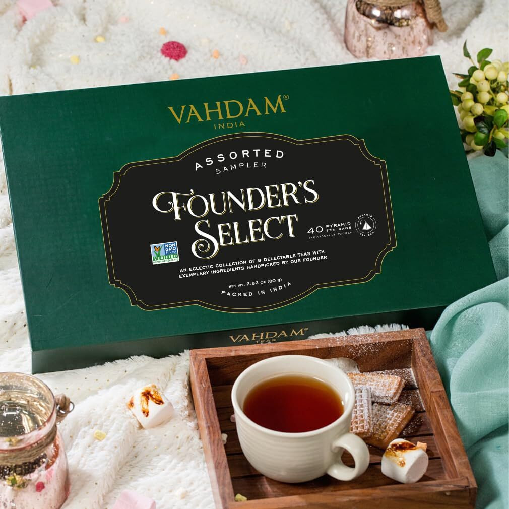Vahdam, Founder's Select - Assorted Tea In Presentation Box - 8 Flavors, 40 Pyramid Tea Bags | Long Leaf Pyramid Tea Variety Pack | Premium Tea Gifts | Gifts For Women & Men