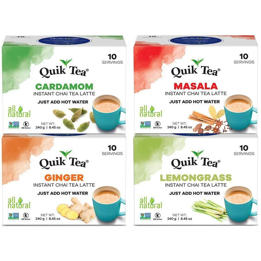 Quiktea Chai Tea Latte 4 Flavor Variety Pack, Cardamom/Masala/Ginger/Lemongrass, 34 Oz