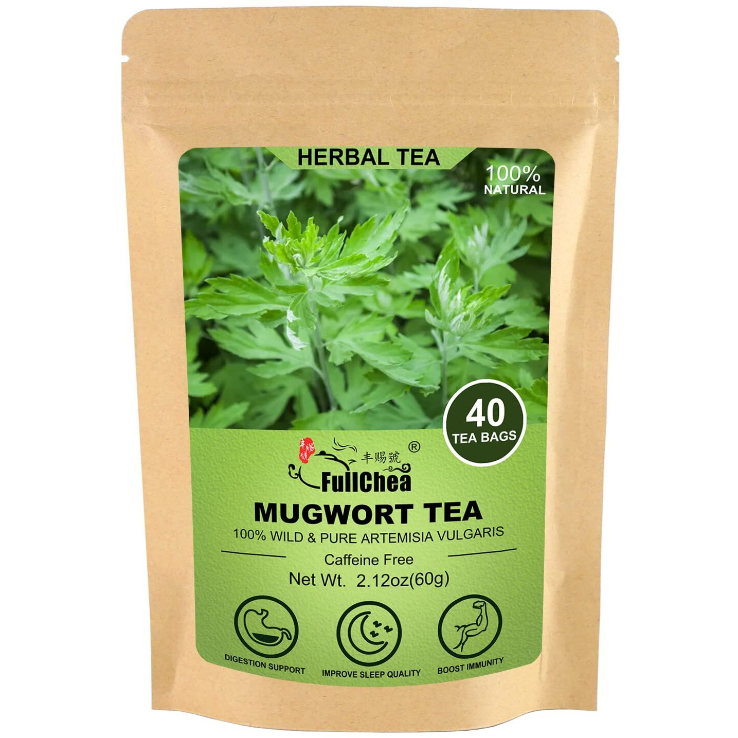 Fullchea - Mugwort Tea Bag 40 Teabags, 1.5G/Bag - 100% Pure Mugwort Leaves Herbal Tea - Rich In Antioxidants