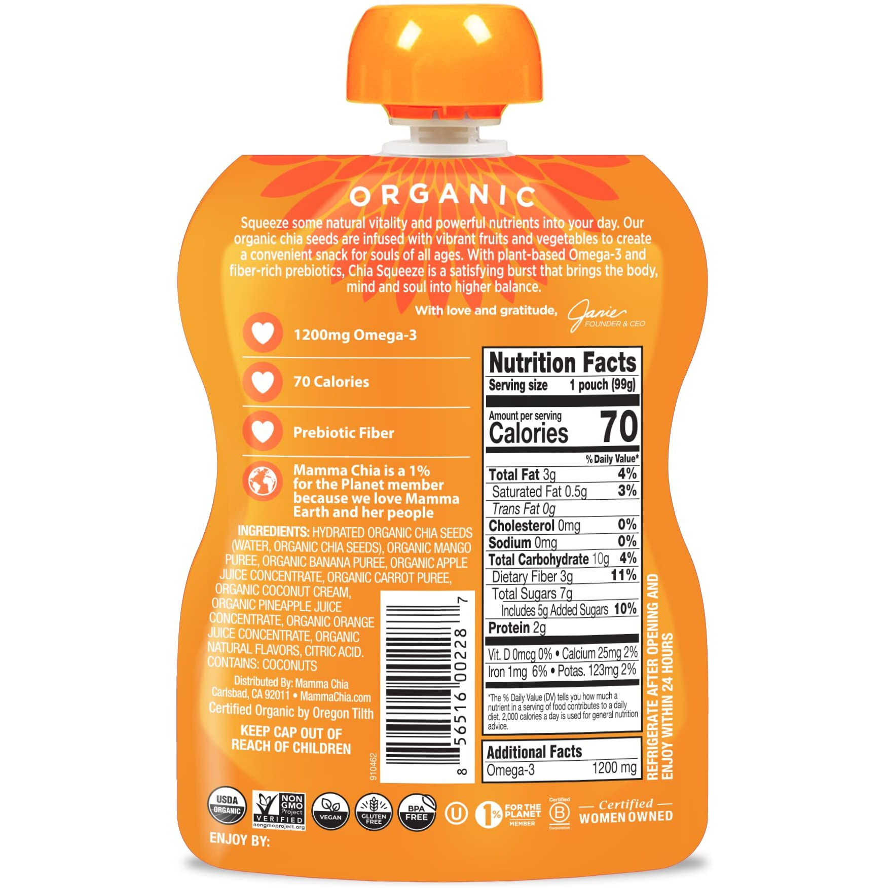 Mamma Chia Organic Vitality Squeeze Snack, Mango Coconut, 16- 3.5 Ounce Chia Vitality Snacks, Usda Organic, Non-Gmo, Vegan, Gluten Free, And Kosher. Fruit And Vegetables With Only 70 Calories
